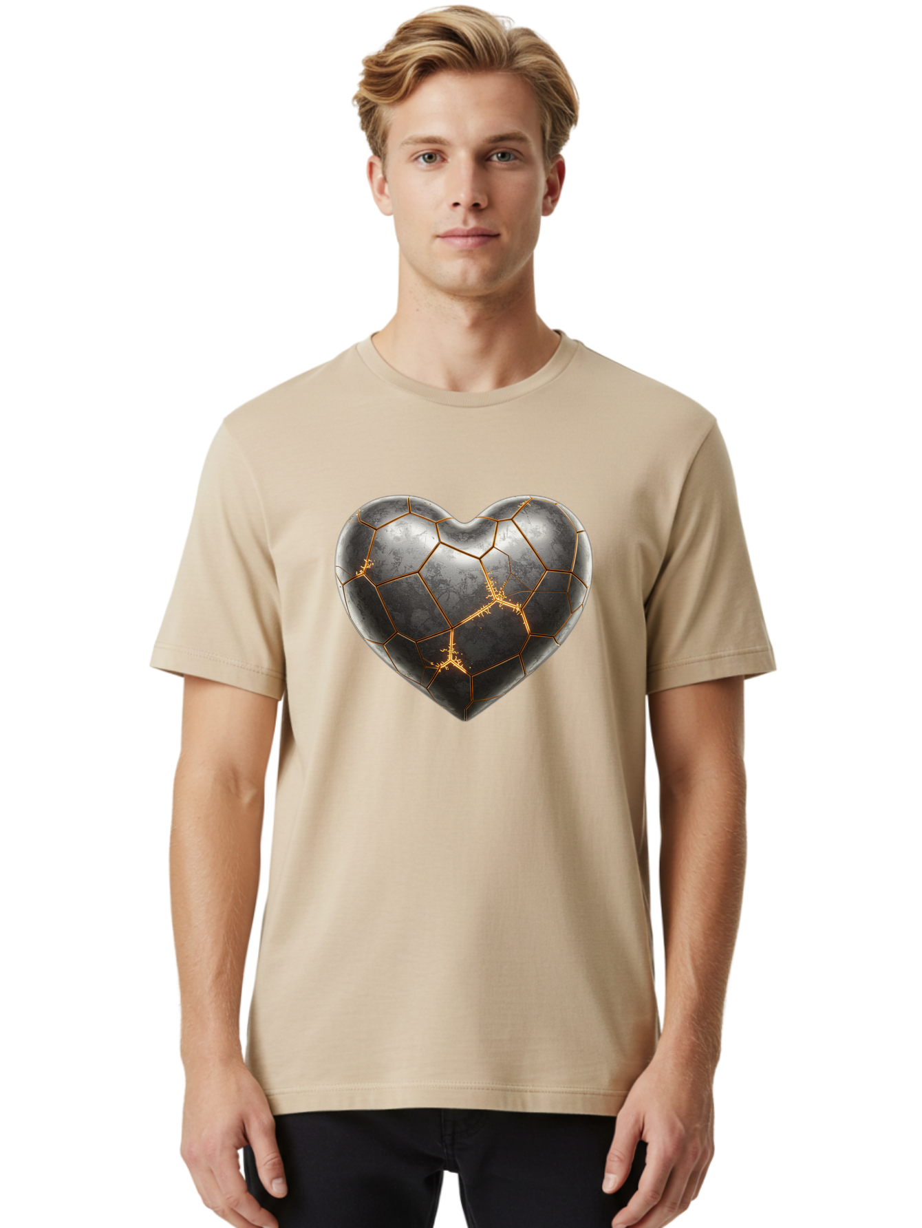 Kintsugi-Heart-7 Men'S Graphic Tee, 100% Cotton, Comfortable Casual Summer Wear, Machine Washable, Heart Shape, Kintsugi Repair, Gold Cracks, Broken Heart, Metal Texture, Abstract Art, Unique Design, Symbolic Representation, Emotional Healing Bae062