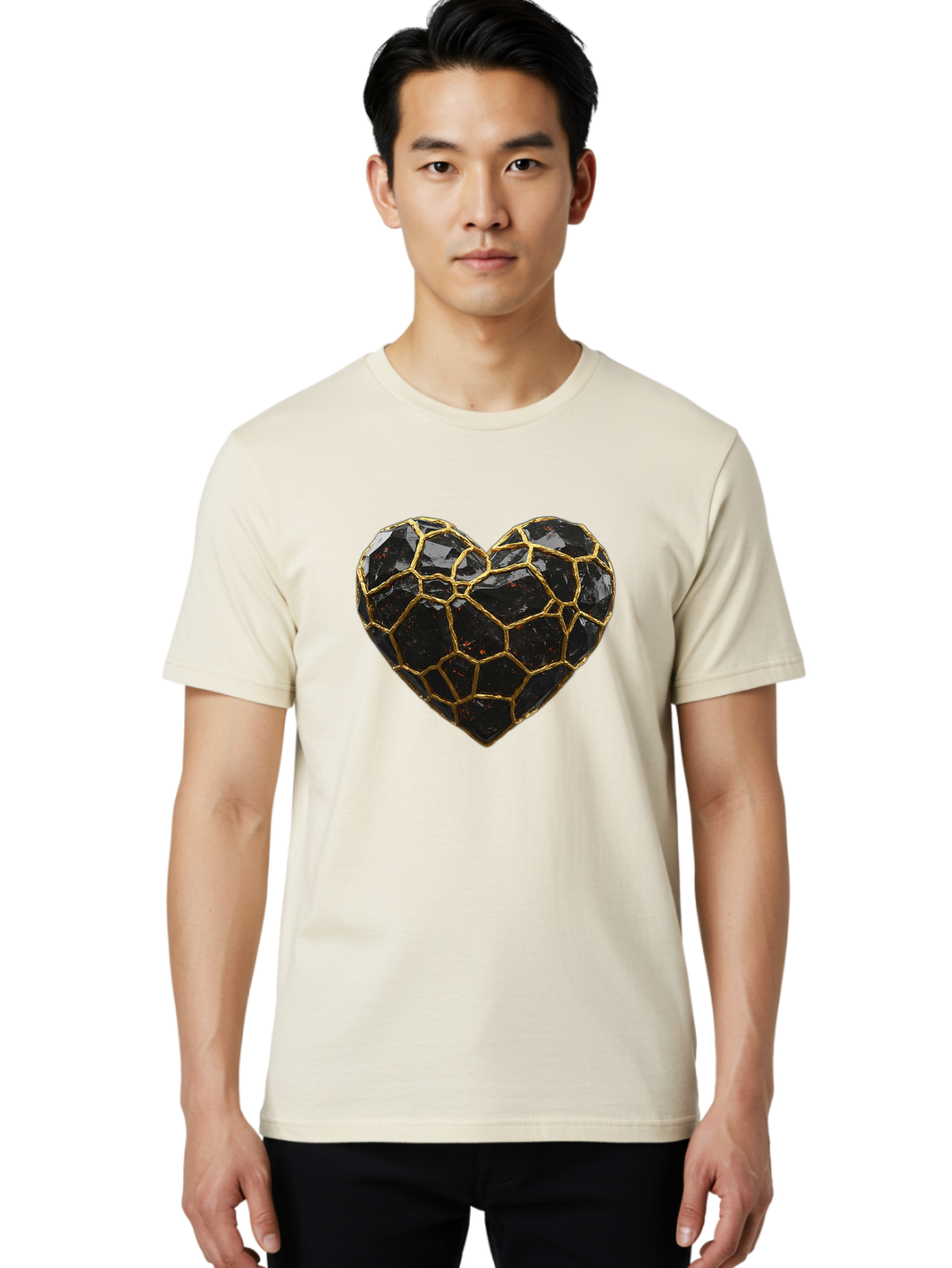 Kintsugi-Heart-8 Men'S Graphic Tee, 100% Cotton, Comfortable Casual Summer Wear, Machine Washable, Kintsugi Art, Broken Heart, Gold Repair, Cracked Gemstone, Luxury Jewelry, Unique Decoration, Symbolic Heart, Repaired Heart, Precious Stone, Bae063