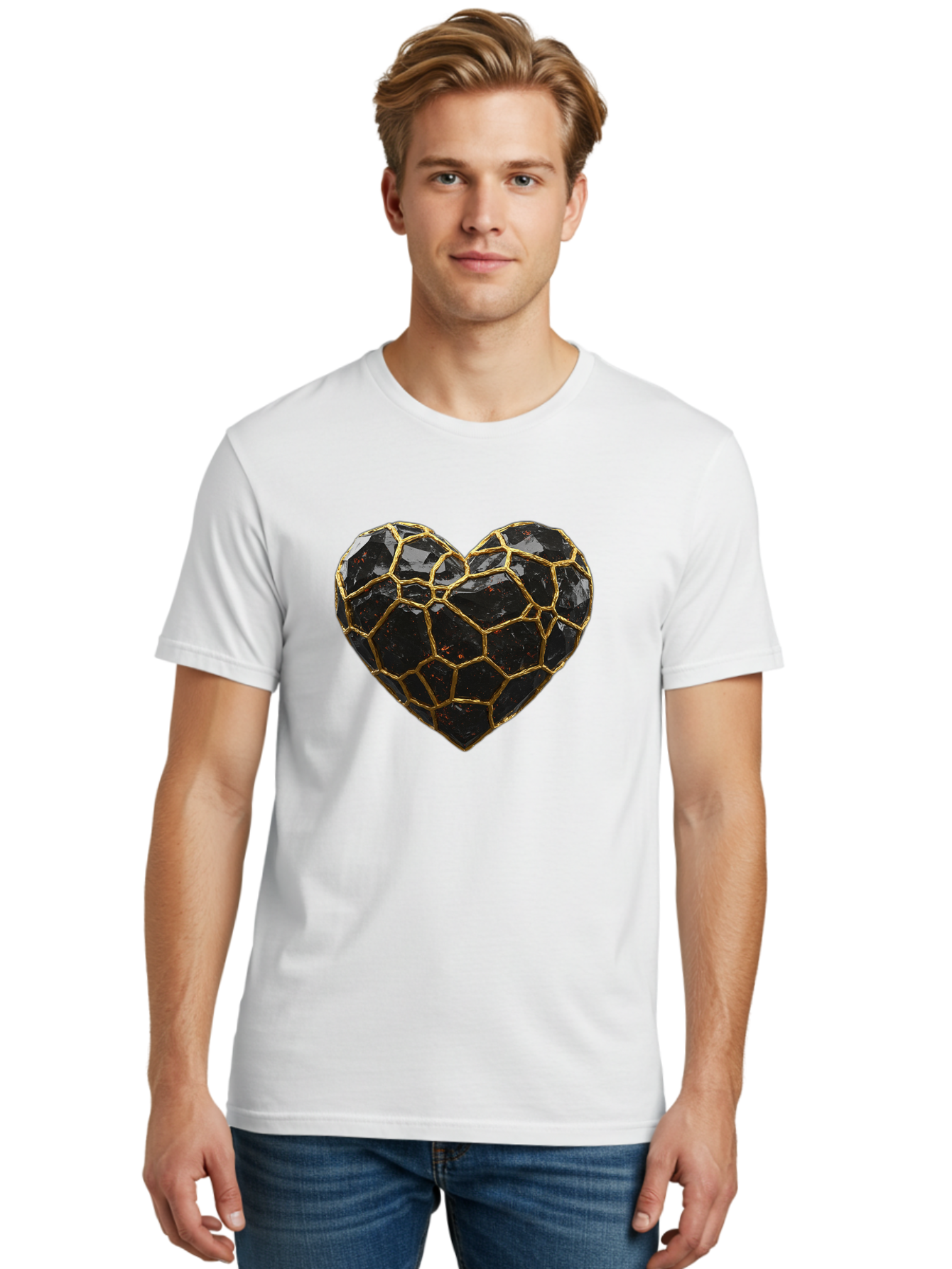 Kintsugi-Heart-8 Men'S Graphic Tee, 100% Cotton, Comfortable Casual Summer Wear, Machine Washable, Kintsugi Art, Broken Heart, Gold Repair, Cracked Gemstone, Luxury Jewelry, Unique Decoration, Symbolic Heart, Repaired Heart, Precious Stone, Bae063