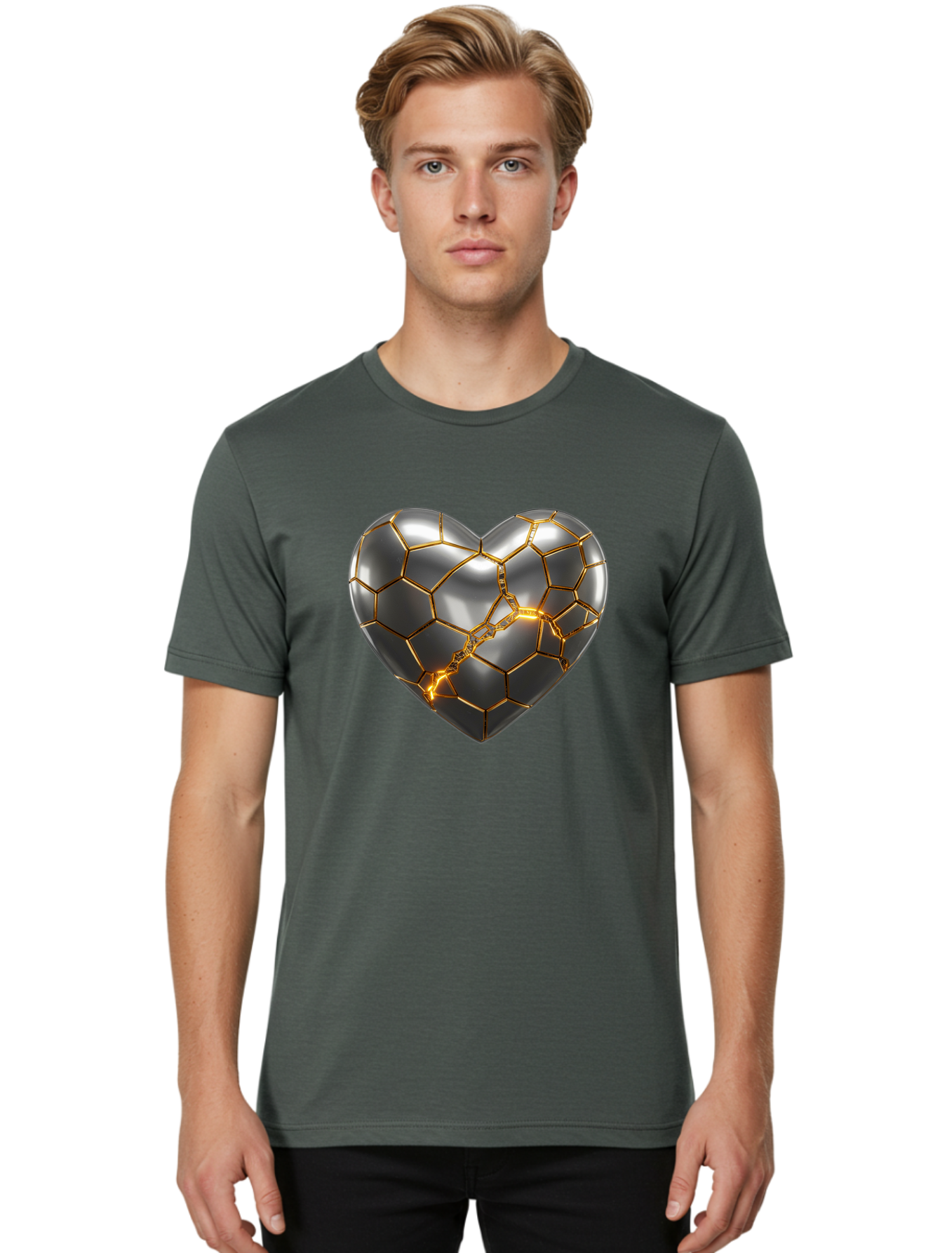 Kintsugi-Heart Men'S Graphic Tee, 100% Cotton, Comfortable Casual Summer Wear, Machine Washable, Kintsugi, Broken Heart, Repaired With Gold, Metal Heart, Shiny, Reflective, 3D Illustration, Unique Art, Creative Design, Heart Shape, Bae064