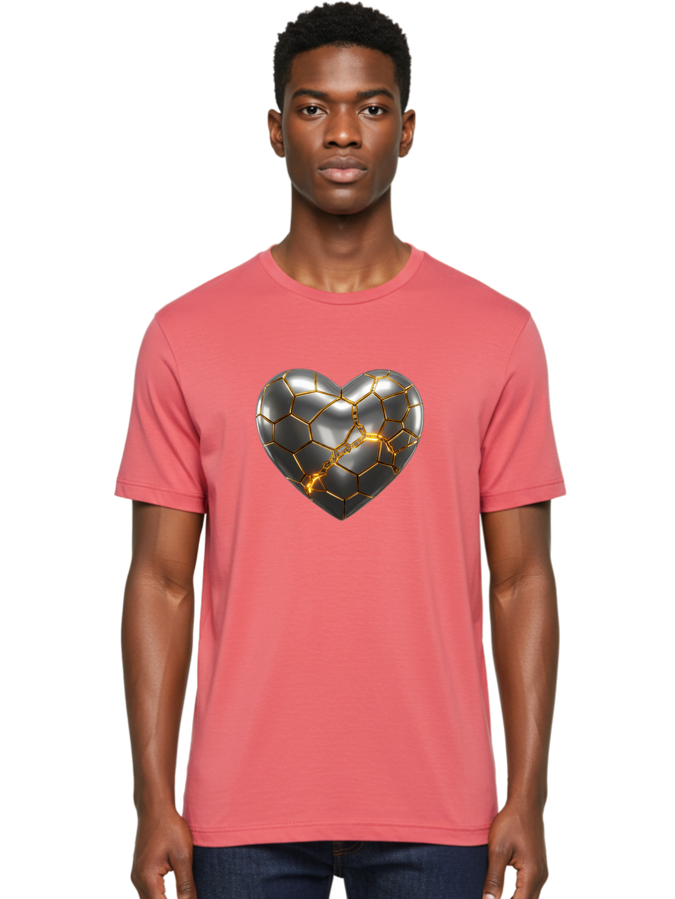 Kintsugi-Heart Men'S Graphic Tee, 100% Cotton, Comfortable Casual Summer Wear, Machine Washable, Kintsugi, Broken Heart, Repaired With Gold, Metal Heart, Shiny, Reflective, 3D Illustration, Unique Art, Creative Design, Heart Shape, Bae064