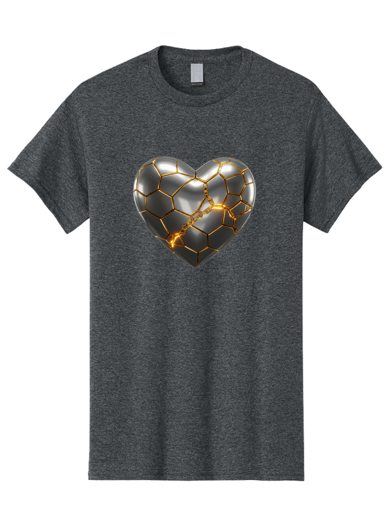 Kintsugi-Heart Men'S Graphic Tee, 100% Cotton, Comfortable Casual Summer Wear, Machine Washable, Kintsugi, Broken Heart, Repaired With Gold, Metal Heart, Shiny, Reflective, 3D Illustration, Unique Art, Creative Design, Heart Shape, Bae064