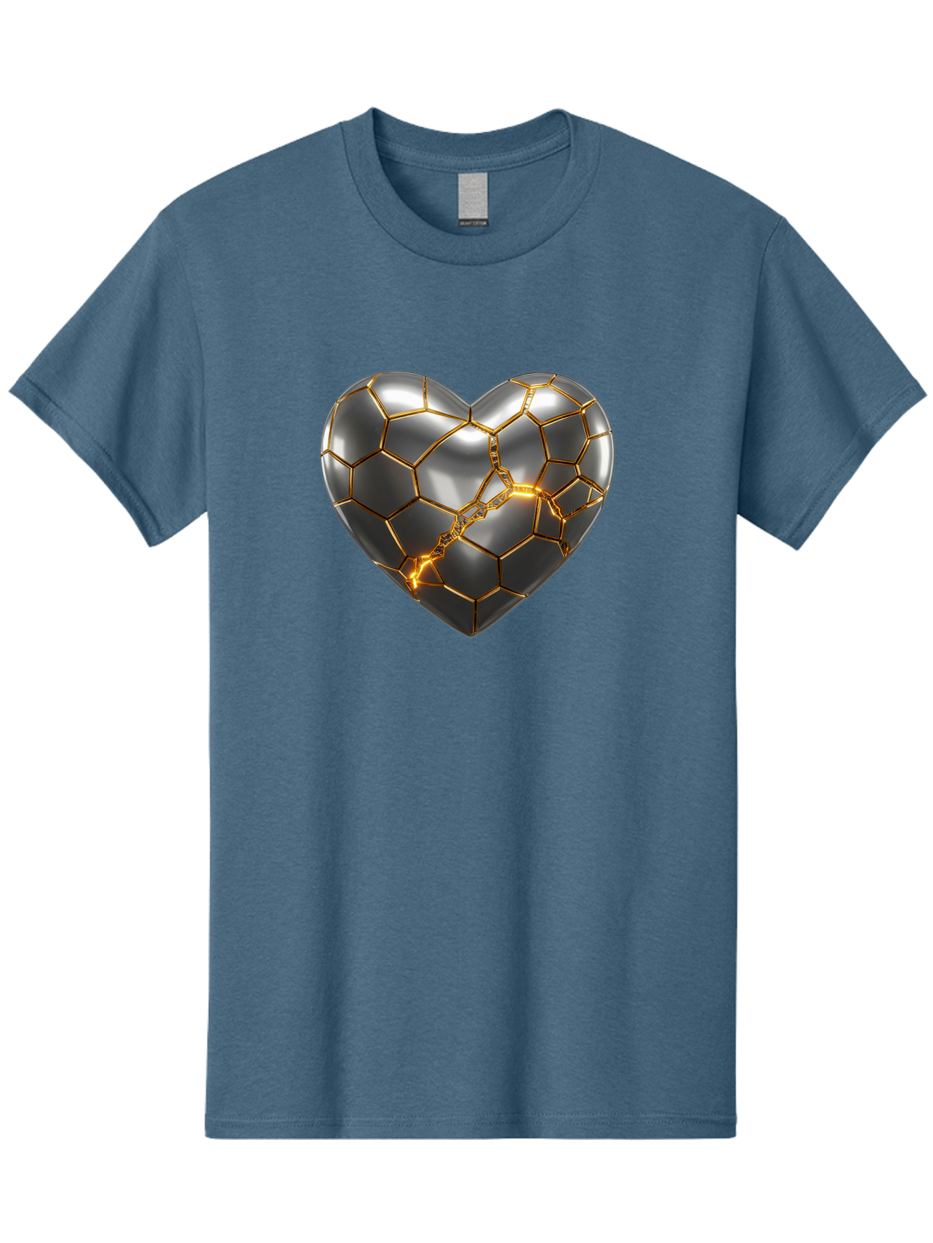 Kintsugi-Heart Men'S Graphic Tee, 100% Cotton, Comfortable Casual Summer Wear, Machine Washable, Kintsugi, Broken Heart, Repaired With Gold, Metal Heart, Shiny, Reflective, 3D Illustration, Unique Art, Creative Design, Heart Shape, Bae064