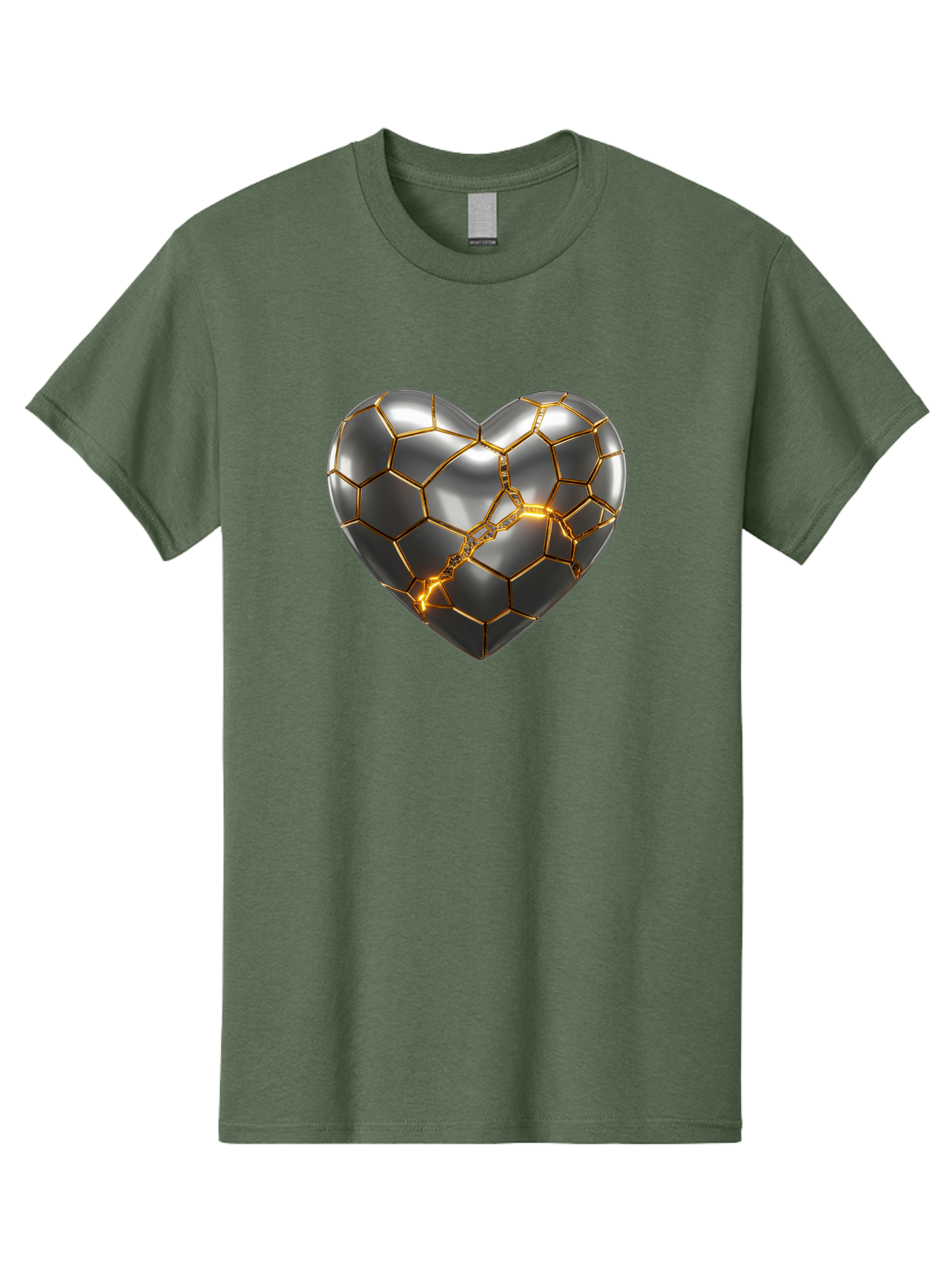 Kintsugi-Heart Men'S Graphic Tee, 100% Cotton, Comfortable Casual Summer Wear, Machine Washable, Kintsugi, Broken Heart, Repaired With Gold, Metal Heart, Shiny, Reflective, 3D Illustration, Unique Art, Creative Design, Heart Shape, Bae064