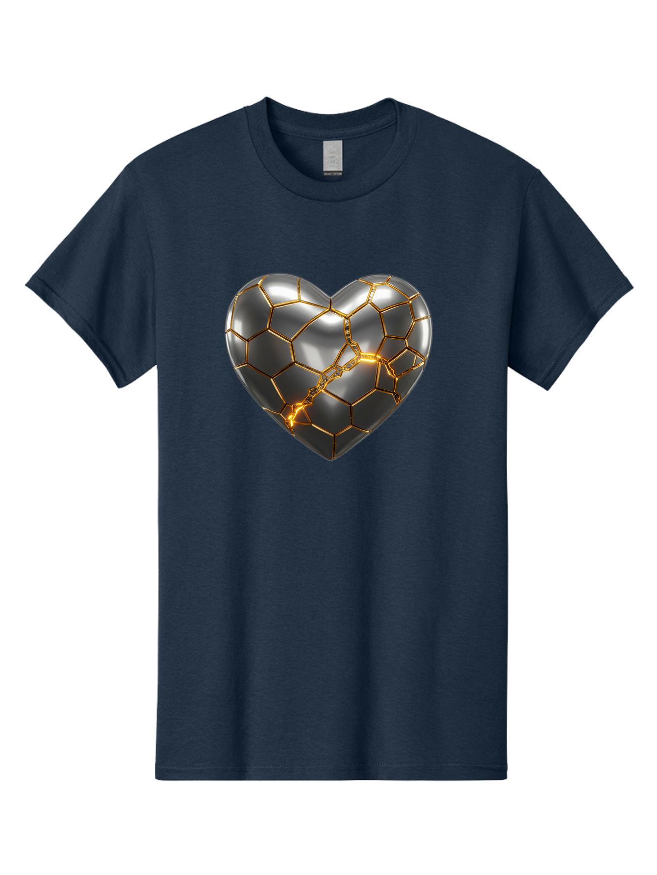 Kintsugi-Heart Men'S Graphic Tee, 100% Cotton, Comfortable Casual Summer Wear, Machine Washable, Kintsugi, Broken Heart, Repaired With Gold, Metal Heart, Shiny, Reflective, 3D Illustration, Unique Art, Creative Design, Heart Shape, Bae064