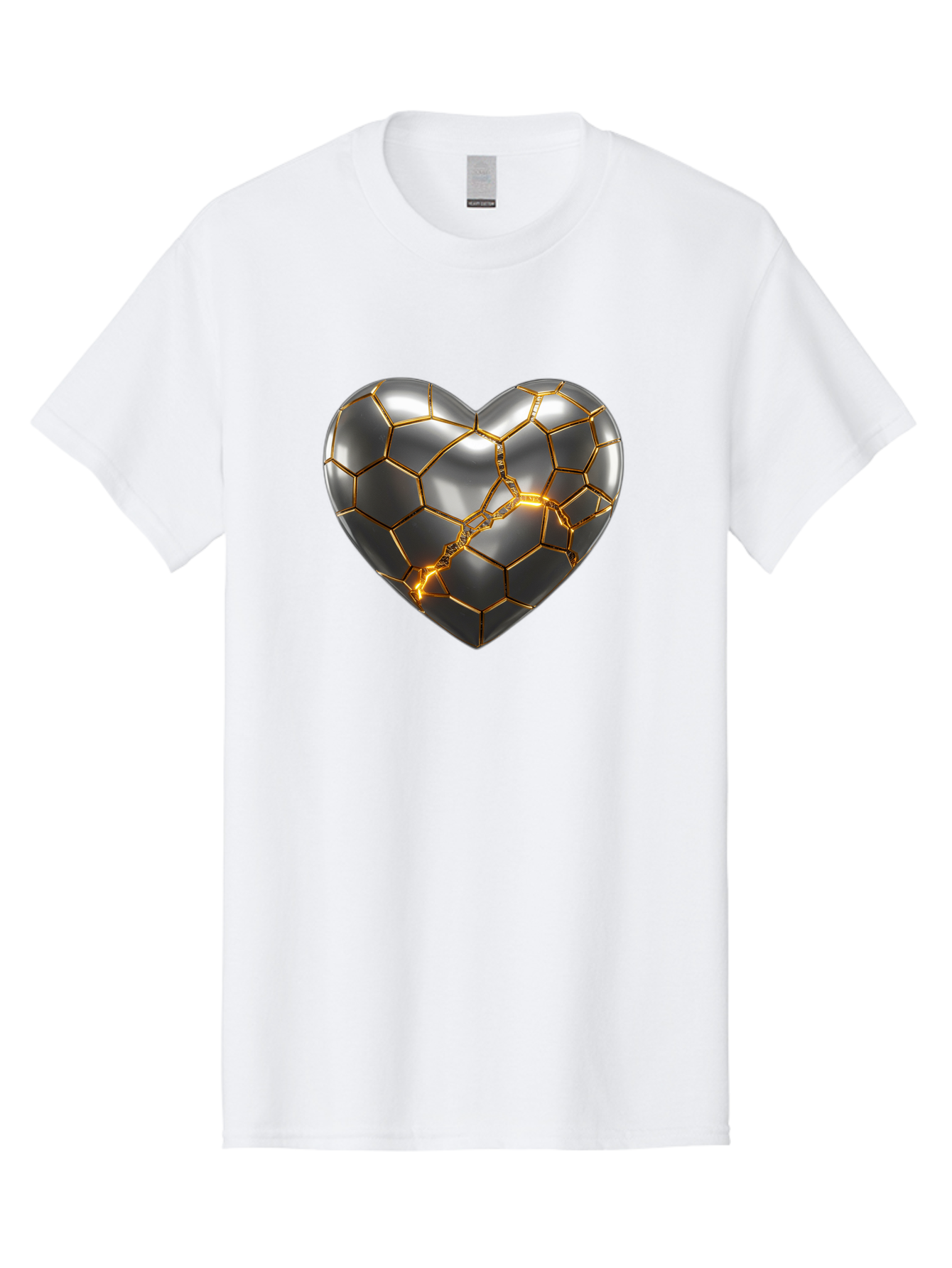 Kintsugi-Heart Men'S Graphic Tee, 100% Cotton, Comfortable Casual Summer Wear, Machine Washable, Kintsugi, Broken Heart, Repaired With Gold, Metal Heart, Shiny, Reflective, 3D Illustration, Unique Art, Creative Design, Heart Shape, Bae064