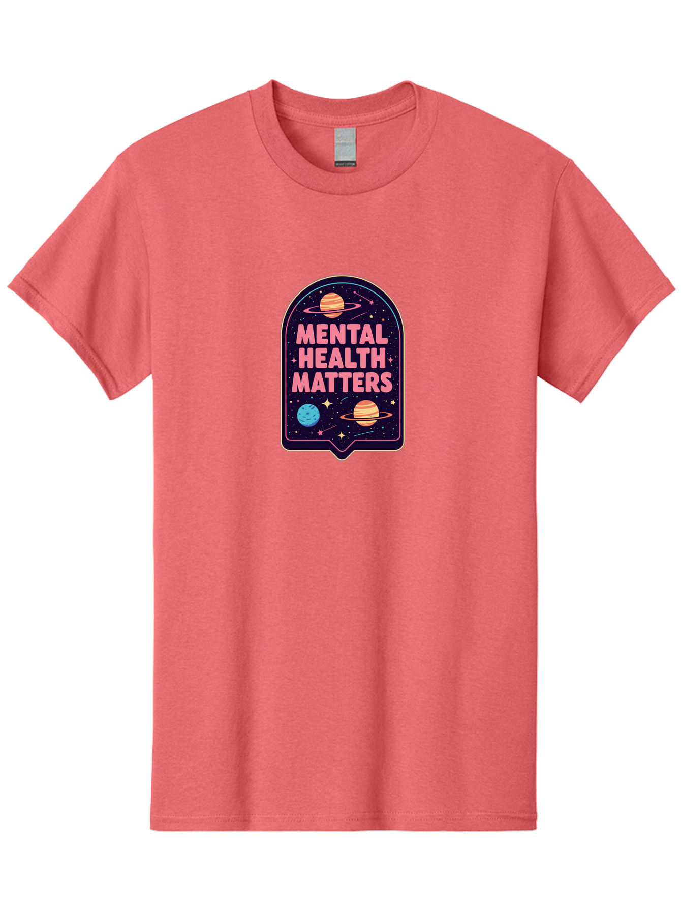 Mental-Health-Matters-4 Men'S Graphic Tee, 100% Cotton, Comfortable Casual Summer Wear, Machine Washable, Mental Health Awareness, Motivational Quote, Celestial Theme, Pink Text, Outer Space Design, Stars, Planets, Mental Wellness, Self Care, Bae069