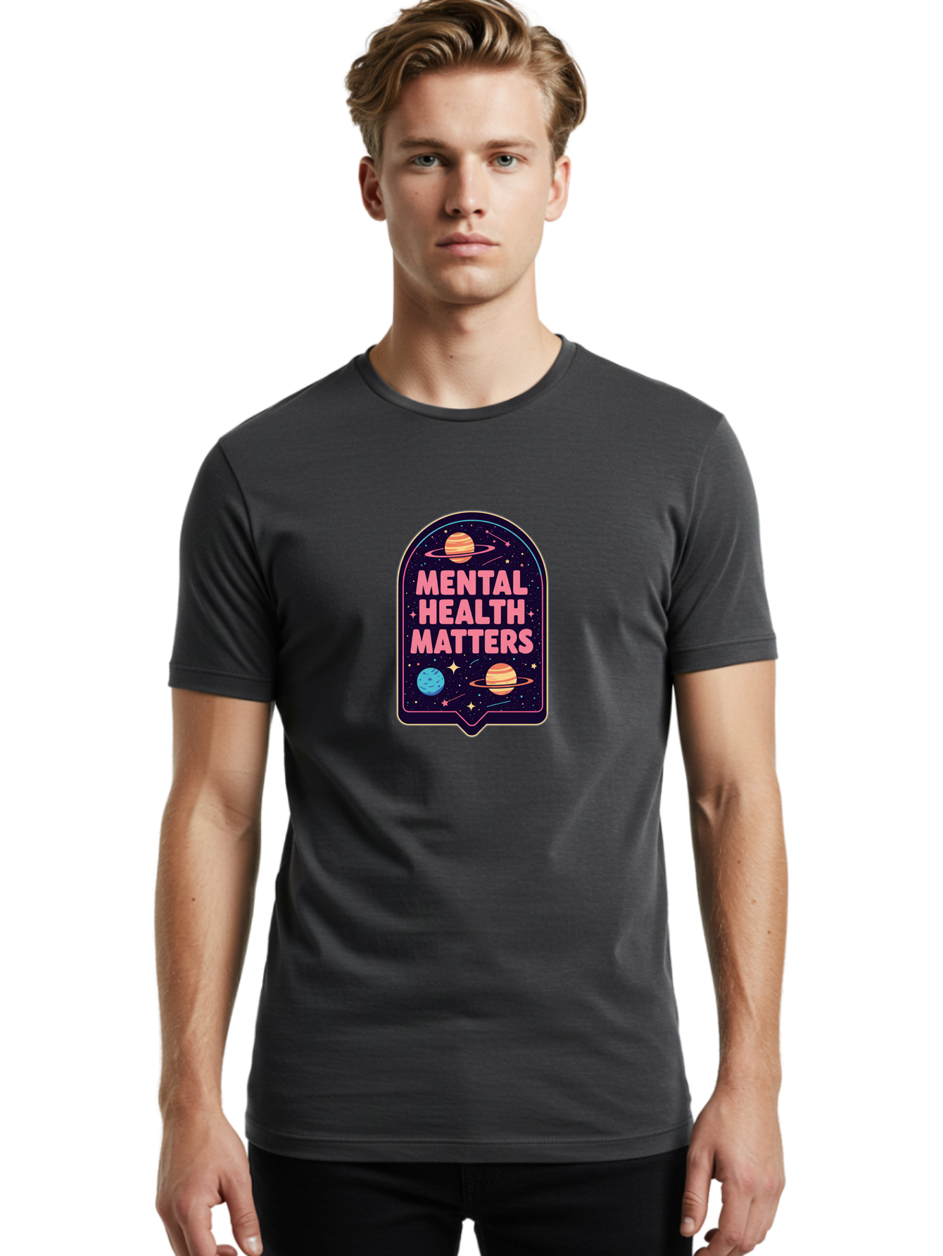 Mental-Health-Matters-4 Men'S Graphic Tee, 100% Cotton, Comfortable Casual Summer Wear, Machine Washable, Mental Health Awareness, Motivational Quote, Celestial Theme, Pink Text, Outer Space Design, Stars, Planets, Mental Wellness, Self Care, Bae069