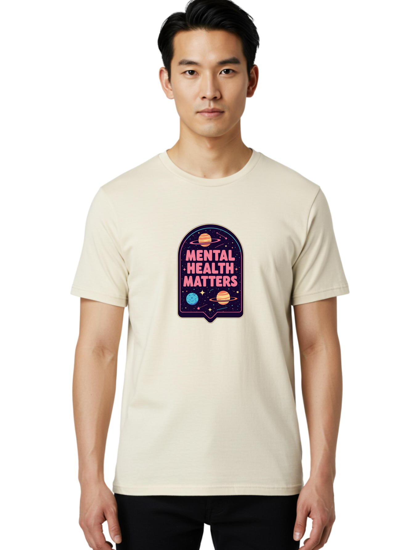 Mental-Health-Matters-4 Men'S Graphic Tee, 100% Cotton, Comfortable Casual Summer Wear, Machine Washable, Mental Health Awareness, Motivational Quote, Celestial Theme, Pink Text, Outer Space Design, Stars, Planets, Mental Wellness, Self Care, Bae069