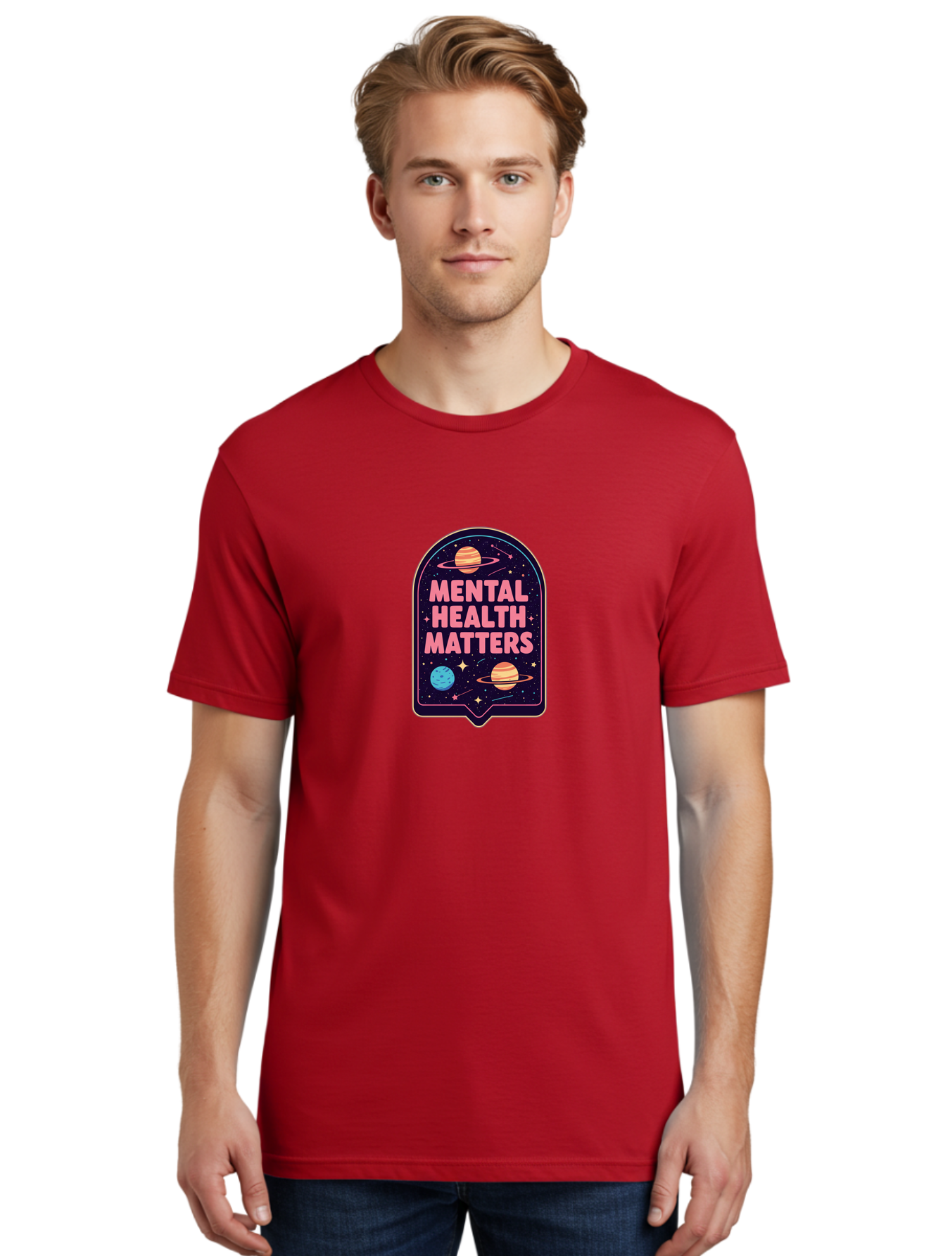 Mental-Health-Matters-4 Men'S Graphic Tee, 100% Cotton, Comfortable Casual Summer Wear, Machine Washable, Mental Health Awareness, Motivational Quote, Celestial Theme, Pink Text, Outer Space Design, Stars, Planets, Mental Wellness, Self Care, Bae069