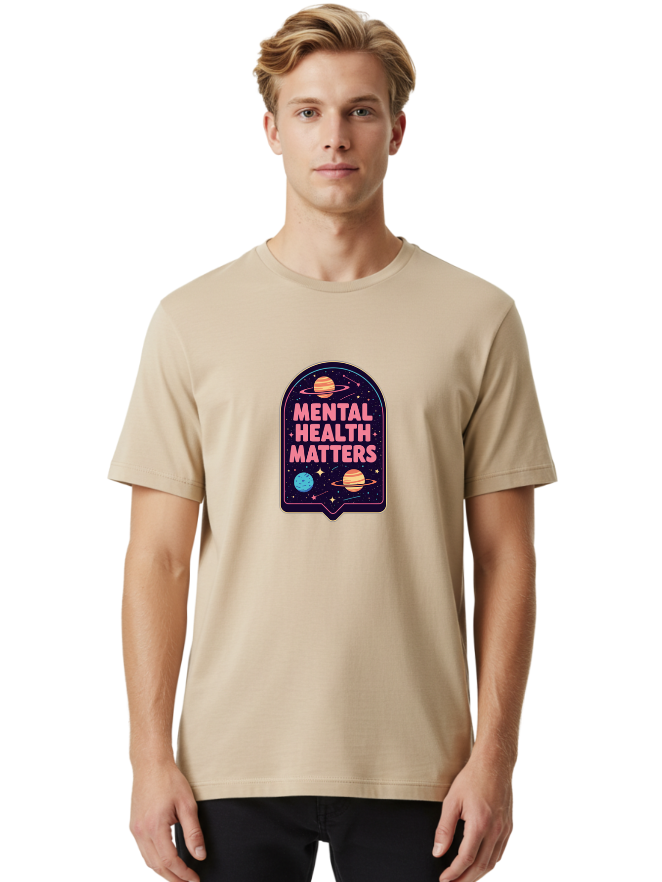 Mental-Health-Matters-4 Men'S Graphic Tee, 100% Cotton, Comfortable Casual Summer Wear, Machine Washable, Mental Health Awareness, Motivational Quote, Celestial Theme, Pink Text, Outer Space Design, Stars, Planets, Mental Wellness, Self Care, Bae069