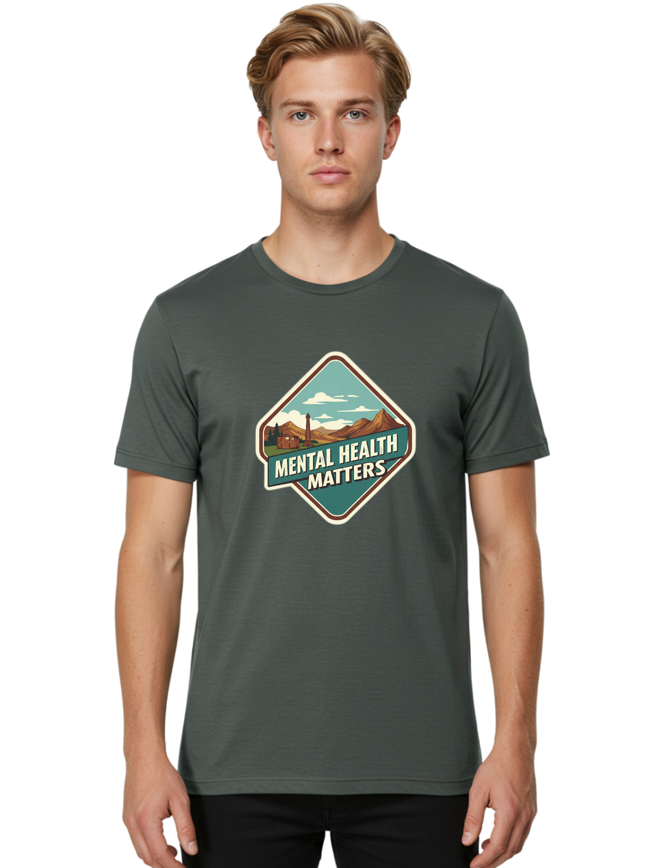 Mental-Health-Matters-5 Men'S Graphic Tee, 100% Cotton, Comfortable Casual Summer Wear, Machine Washable, Mental Health Awareness, Rural Landscape, Mountains, Cloudy Sky, Lighthouse, Mental Health Matters, Self-Care, Wellness, Mindfulness, Bae070