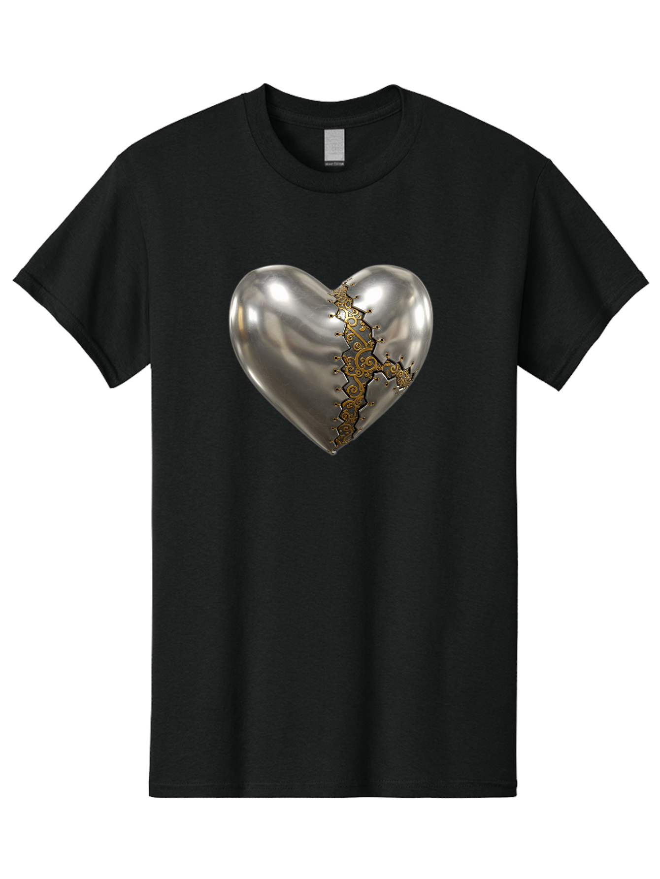 Metal-Heart Men'S Graphic Tee, 100% Cotton, Comfortable Casual Summer Wear, Machine Washable, Metallic Heart, Broken Heart, Kintsugi Repair, Golden Filigree, Cracked Heart, Heart Repair, Steampunk Heart, Metalwork Art, Heart Symbolism, Bae072