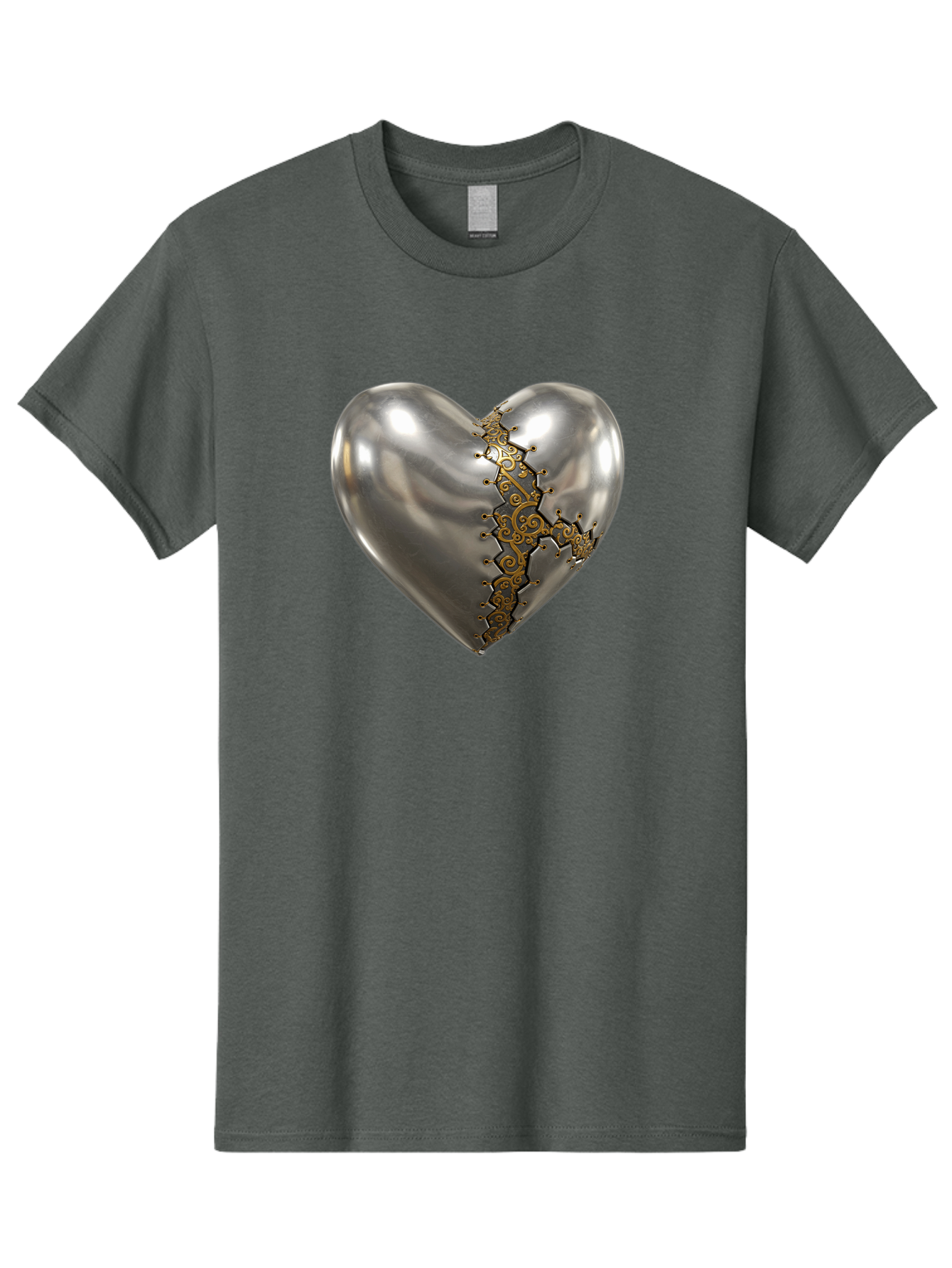 Metal-Heart Men'S Graphic Tee, 100% Cotton, Comfortable Casual Summer Wear, Machine Washable, Metallic Heart, Broken Heart, Kintsugi Repair, Golden Filigree, Cracked Heart, Heart Repair, Steampunk Heart, Metalwork Art, Heart Symbolism, Bae072