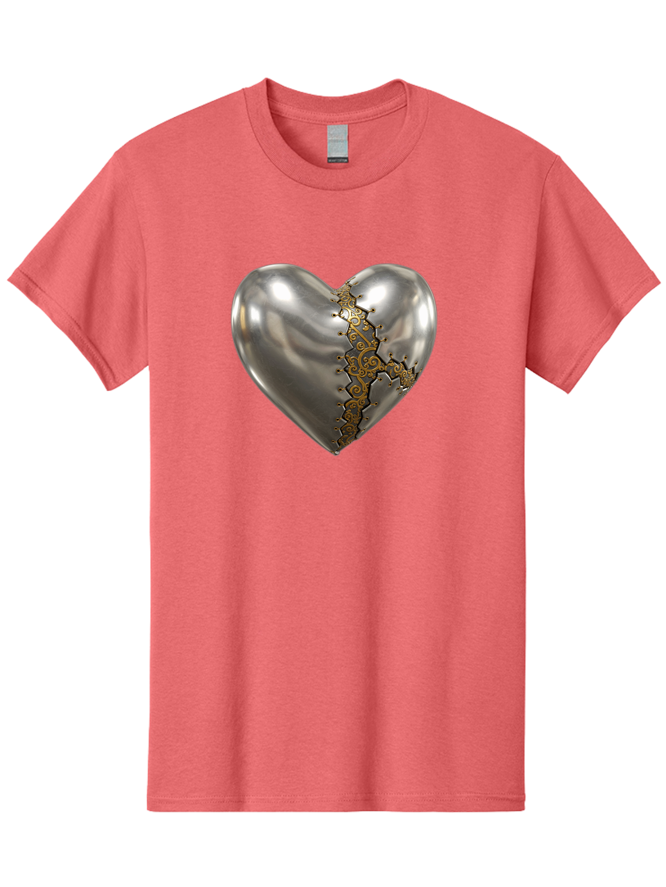Metal-Heart Men'S Graphic Tee, 100% Cotton, Comfortable Casual Summer Wear, Machine Washable, Metallic Heart, Broken Heart, Kintsugi Repair, Golden Filigree, Cracked Heart, Heart Repair, Steampunk Heart, Metalwork Art, Heart Symbolism, Bae072