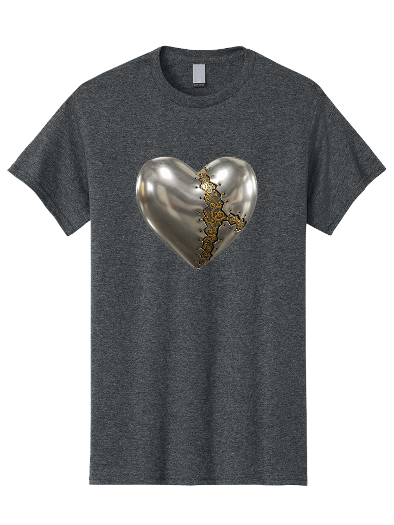 Metal-Heart Men'S Graphic Tee, 100% Cotton, Comfortable Casual Summer Wear, Machine Washable, Metallic Heart, Broken Heart, Kintsugi Repair, Golden Filigree, Cracked Heart, Heart Repair, Steampunk Heart, Metalwork Art, Heart Symbolism, Bae072