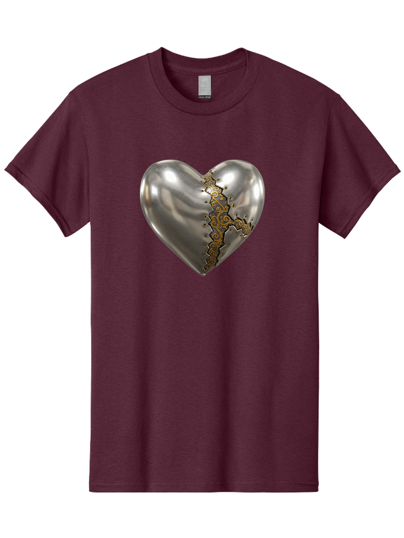 Metal-Heart Men'S Graphic Tee, 100% Cotton, Comfortable Casual Summer Wear, Machine Washable, Metallic Heart, Broken Heart, Kintsugi Repair, Golden Filigree, Cracked Heart, Heart Repair, Steampunk Heart, Metalwork Art, Heart Symbolism, Bae072