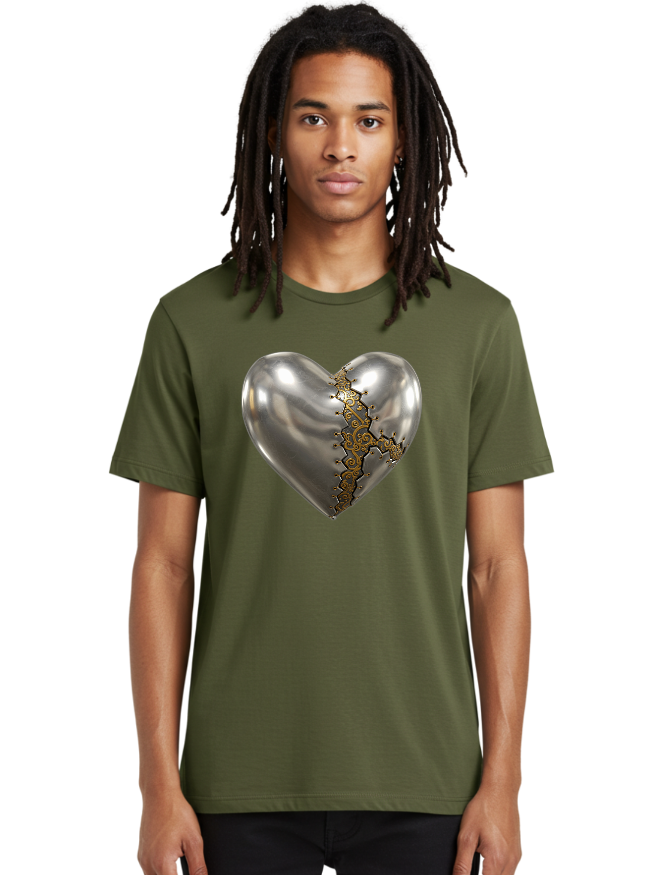 Metal-Heart Men'S Graphic Tee, 100% Cotton, Comfortable Casual Summer Wear, Machine Washable, Metallic Heart, Broken Heart, Kintsugi Repair, Golden Filigree, Cracked Heart, Heart Repair, Steampunk Heart, Metalwork Art, Heart Symbolism, Bae072