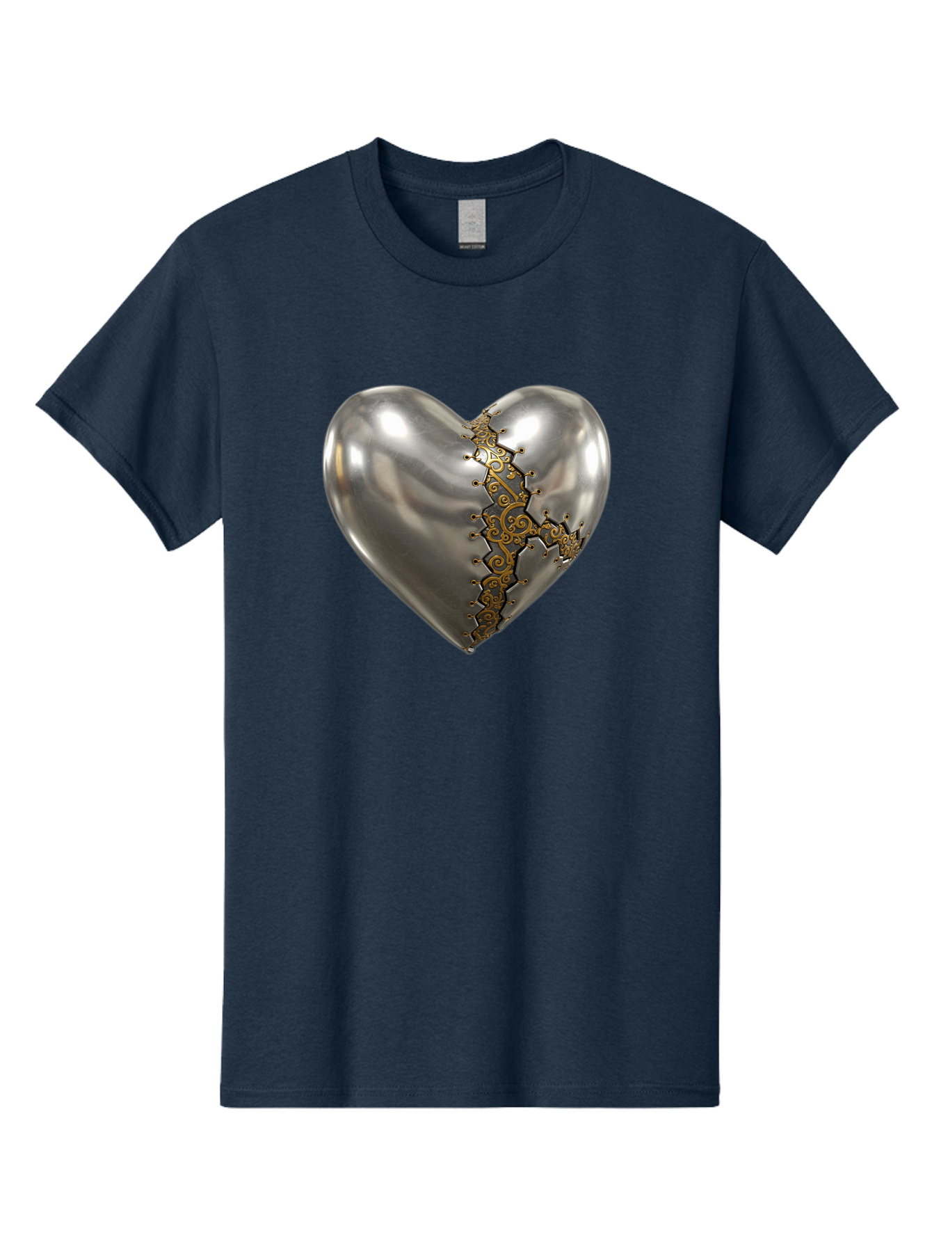 Metal-Heart Men'S Graphic Tee, 100% Cotton, Comfortable Casual Summer Wear, Machine Washable, Metallic Heart, Broken Heart, Kintsugi Repair, Golden Filigree, Cracked Heart, Heart Repair, Steampunk Heart, Metalwork Art, Heart Symbolism, Bae072