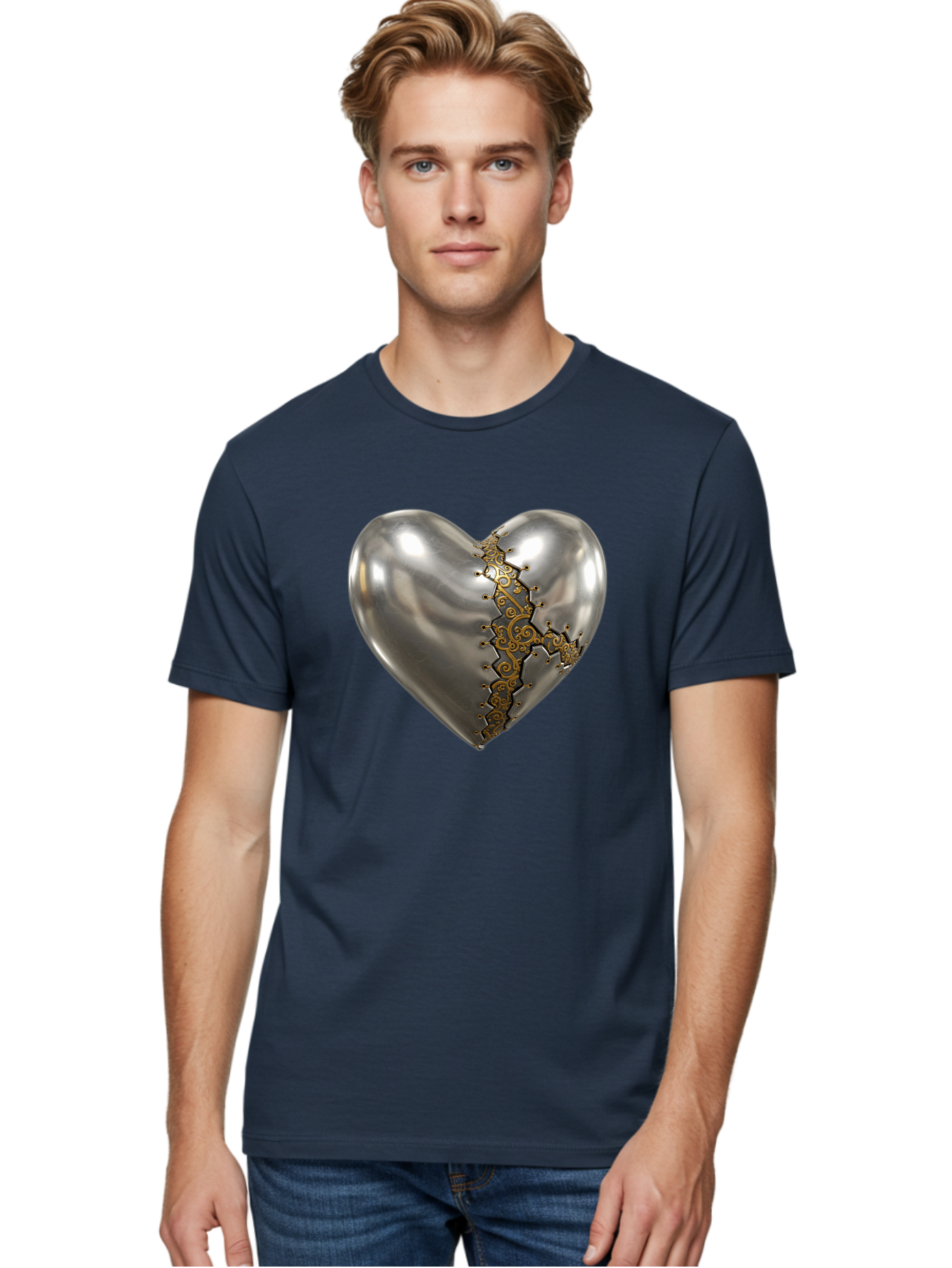 Metal-Heart Men'S Graphic Tee, 100% Cotton, Comfortable Casual Summer Wear, Machine Washable, Metallic Heart, Broken Heart, Kintsugi Repair, Golden Filigree, Cracked Heart, Heart Repair, Steampunk Heart, Metalwork Art, Heart Symbolism, Bae072