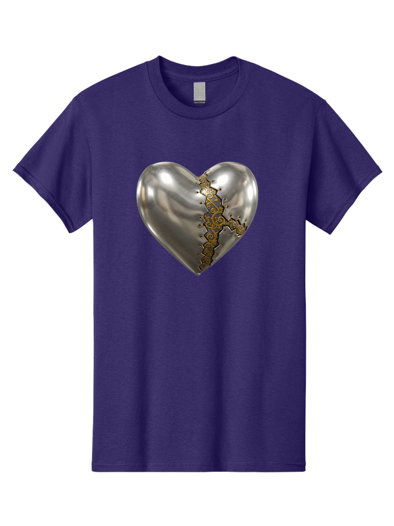 Metal-Heart Men'S Graphic Tee, 100% Cotton, Comfortable Casual Summer Wear, Machine Washable, Metallic Heart, Broken Heart, Kintsugi Repair, Golden Filigree, Cracked Heart, Heart Repair, Steampunk Heart, Metalwork Art, Heart Symbolism, Bae072