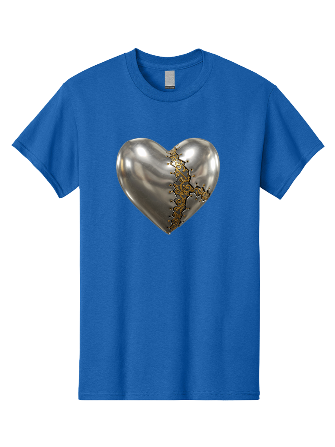 Metal-Heart Men'S Graphic Tee, 100% Cotton, Comfortable Casual Summer Wear, Machine Washable, Metallic Heart, Broken Heart, Kintsugi Repair, Golden Filigree, Cracked Heart, Heart Repair, Steampunk Heart, Metalwork Art, Heart Symbolism, Bae072