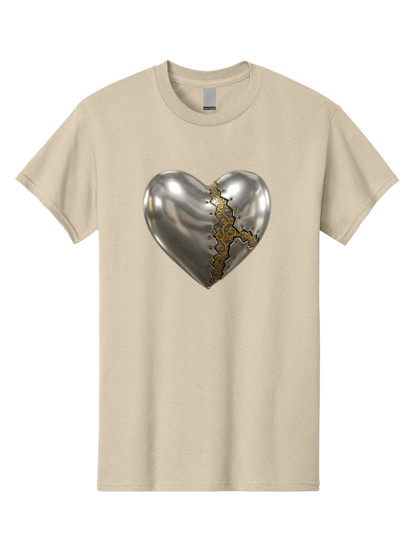 Metal-Heart Men'S Graphic Tee, 100% Cotton, Comfortable Casual Summer Wear, Machine Washable, Metallic Heart, Broken Heart, Kintsugi Repair, Golden Filigree, Cracked Heart, Heart Repair, Steampunk Heart, Metalwork Art, Heart Symbolism, Bae072