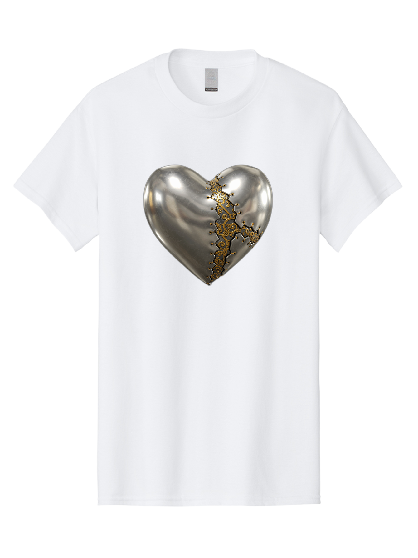 Metal-Heart Men'S Graphic Tee, 100% Cotton, Comfortable Casual Summer Wear, Machine Washable, Metallic Heart, Broken Heart, Kintsugi Repair, Golden Filigree, Cracked Heart, Heart Repair, Steampunk Heart, Metalwork Art, Heart Symbolism, Bae072