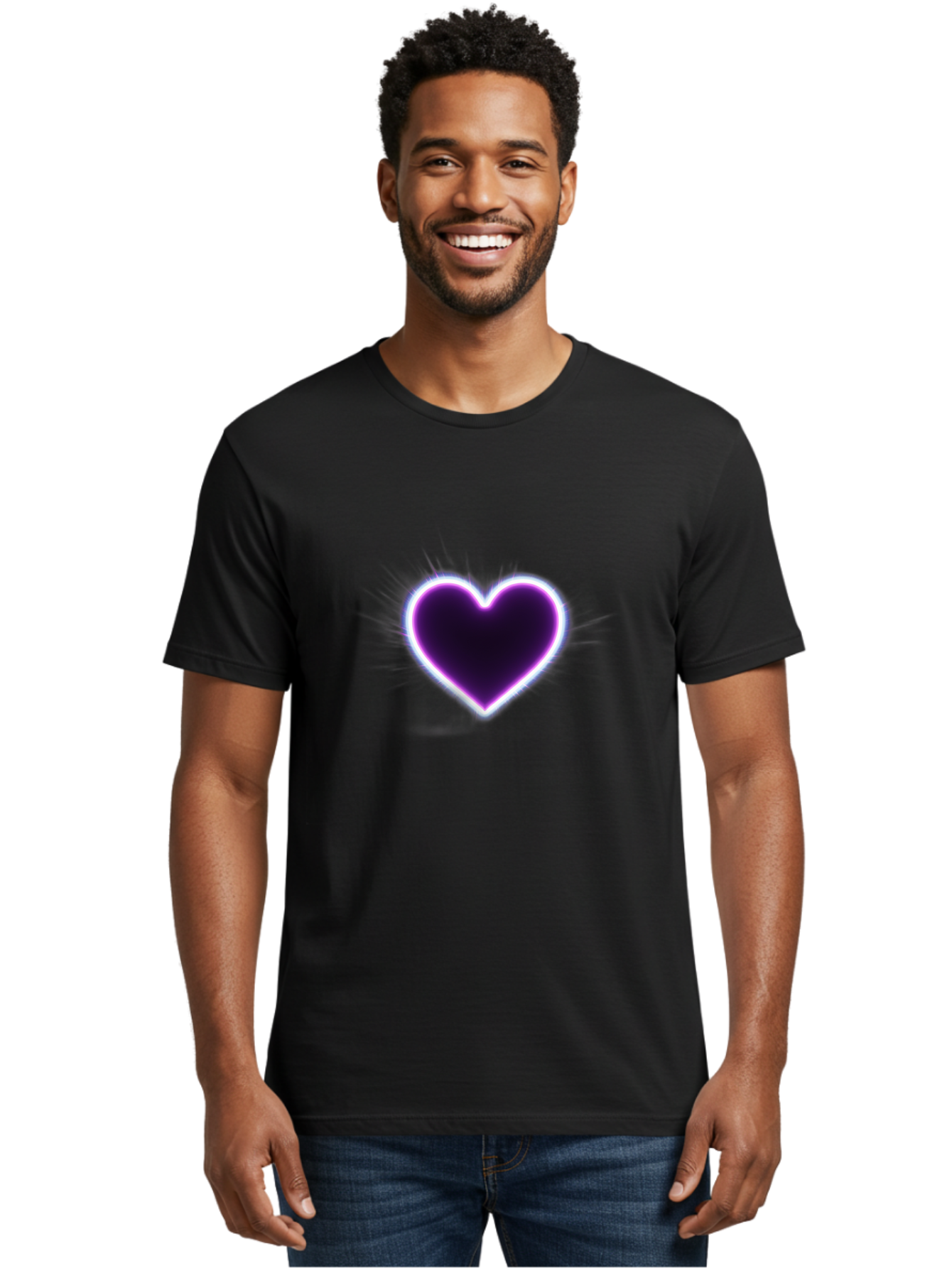 Purple-Heart Men'S Graphic Tee, 100% Cotton, Comfortable Casual Summer Wear, Machine Washable, Purple Heart Icon, Glowing Heart, Purple Neon Glow, Love Symbol, Heart Shape, Vibrant Purple, Emotional Graphic, Valentines Day Graphic, Heart Icon Bae075