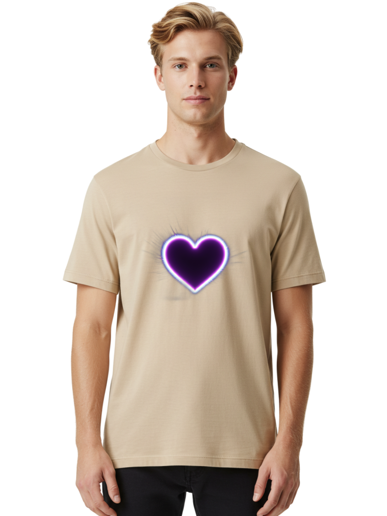 Purple-Heart Men'S Graphic Tee, 100% Cotton, Comfortable Casual Summer Wear, Machine Washable, Purple Heart Icon, Glowing Heart, Purple Neon Glow, Love Symbol, Heart Shape, Vibrant Purple, Emotional Graphic, Valentines Day Graphic, Heart Icon Bae075