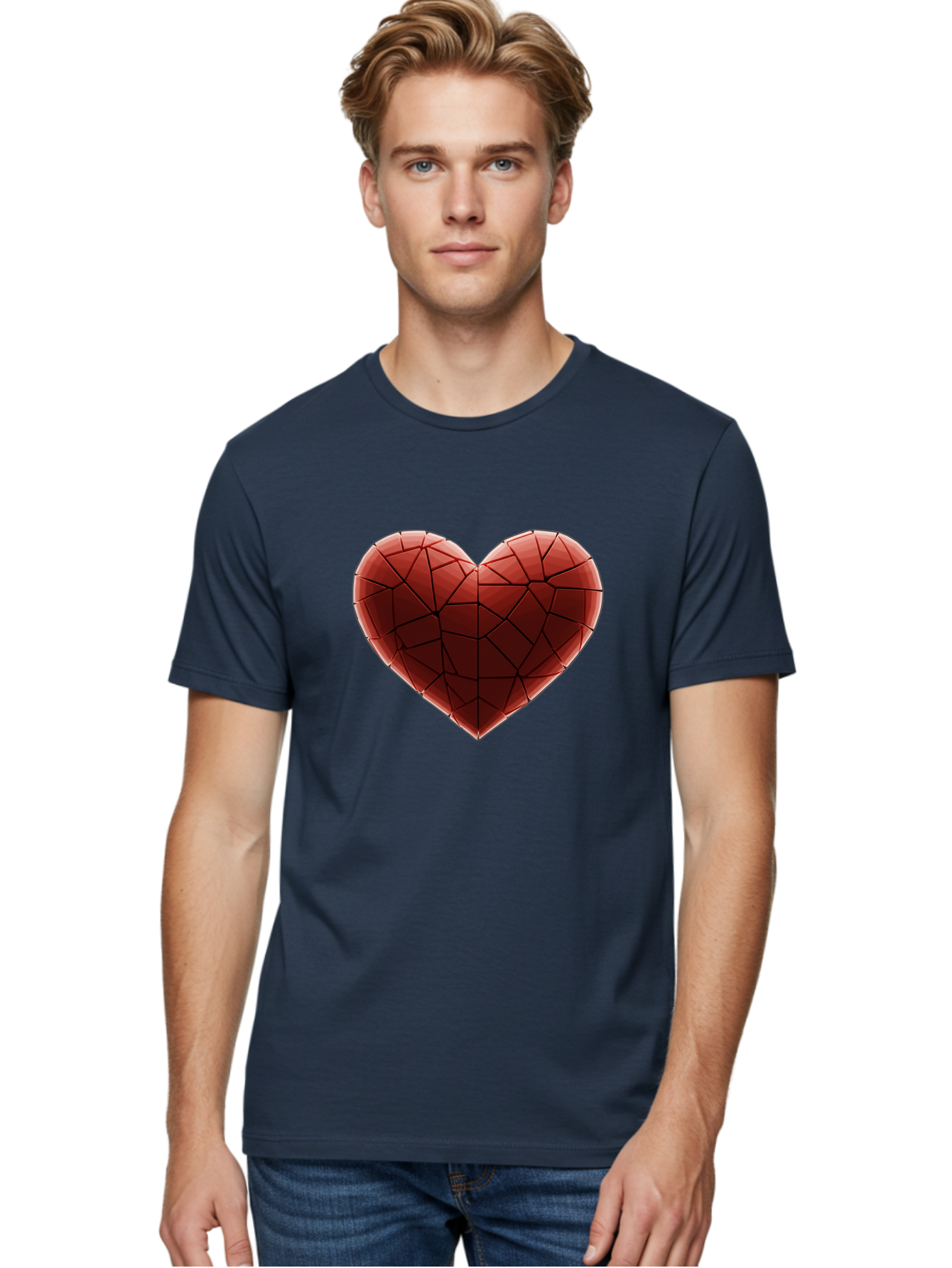 Red-Faceted-Heart Men'S Graphic Tee, 100% Cotton, Comfortable Casual Summer Wear, Machine Washable, Low Poly Heart, Geometric Heart, Red Heart, Love Symbol, Abstract Art, 3D Model, Modern Design, Polygonal Shape, Heart Shape Bae076