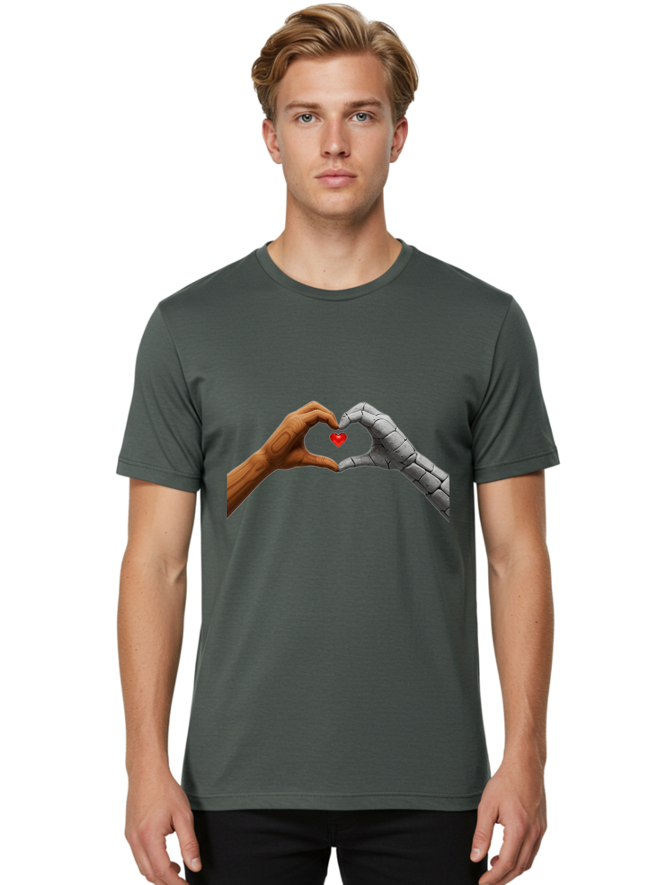 Robot-Hand-Human-Hand-Heart Men'S Graphic Tee, 100% Cotton, Comfortable Casual Summer Wear, Machine Washable, Human Hand, Robot Hand, Heart Shape, Love Symbol, Technology And Humanity, Futuristic Love, Robotic Love, Hand Gesture, Red Heart Bae077