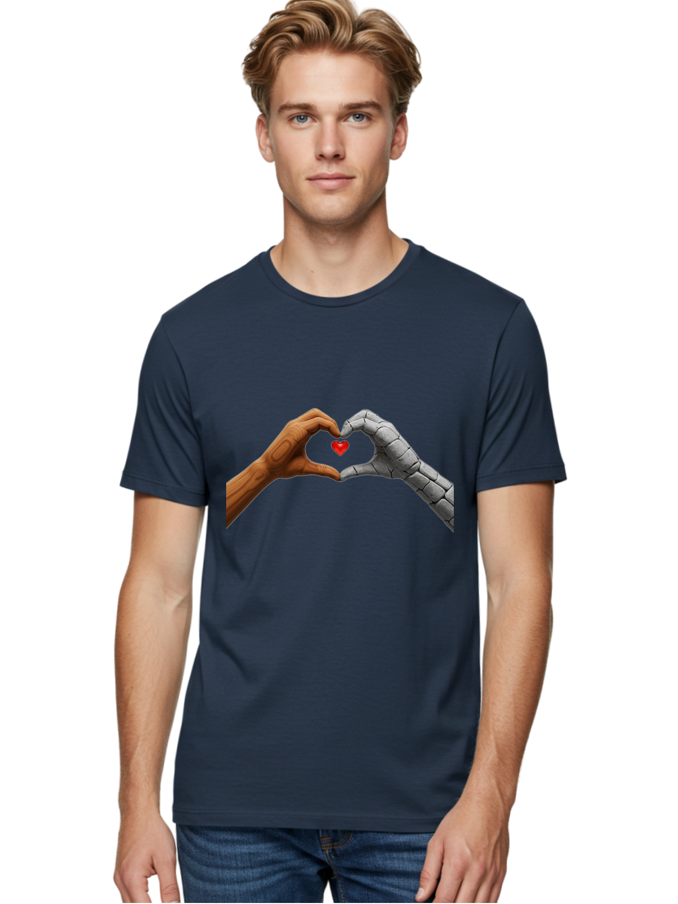 Robot-Hand-Human-Hand-Heart Men'S Graphic Tee, 100% Cotton, Comfortable Casual Summer Wear, Machine Washable, Human Hand, Robot Hand, Heart Shape, Love Symbol, Technology And Humanity, Futuristic Love, Robotic Love, Hand Gesture, Red Heart Bae077
