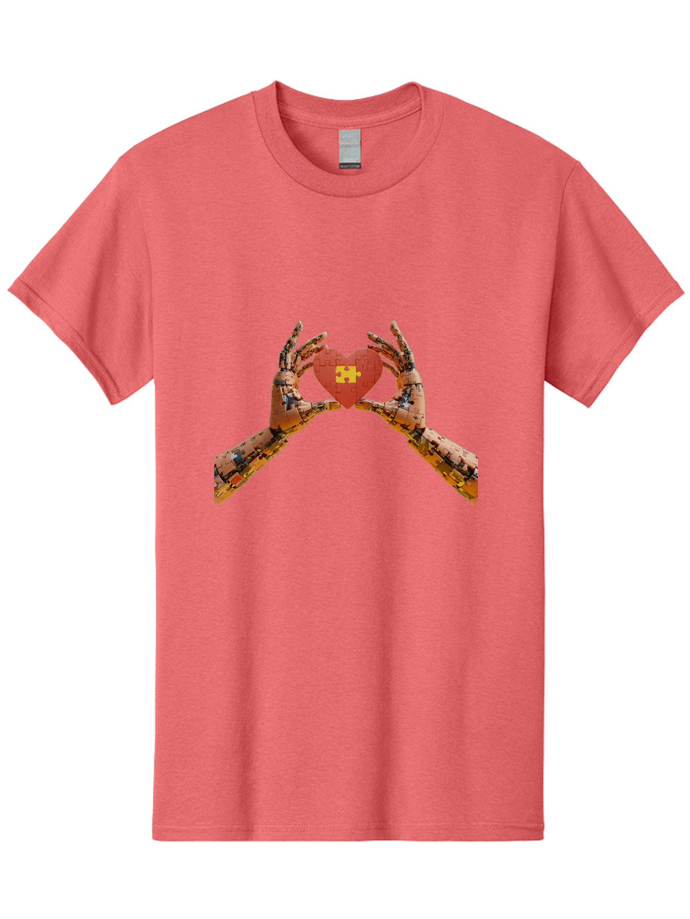 Robot-Hands-Holding-Heart-Puzzle Men'S Graphic Tee, 100% Cotton, Comfortable Casual Summer Wear, Machine Washable, Robotic Hands, Puzzle Heart, Artificial Intelligence, Ai, Robotics, Love, Heart, Puzzle Piece, Technology, Innovation, Bae079