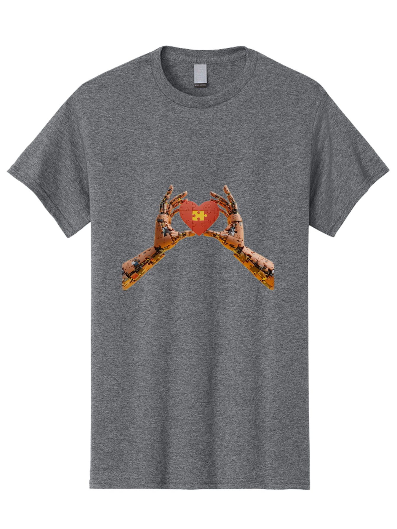 Robot-Hands-Holding-Heart-Puzzle Men'S Graphic Tee, 100% Cotton, Comfortable Casual Summer Wear, Machine Washable, Robotic Hands, Puzzle Heart, Artificial Intelligence, Ai, Robotics, Love, Heart, Puzzle Piece, Technology, Innovation, Bae079