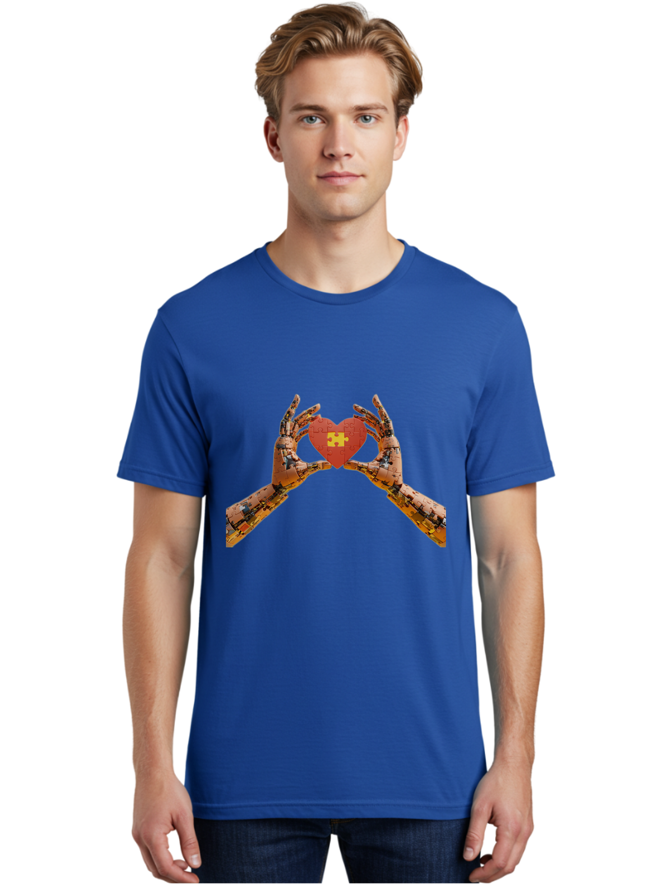 Robot-Hands-Holding-Heart-Puzzle Men'S Graphic Tee, 100% Cotton, Comfortable Casual Summer Wear, Machine Washable, Robotic Hands, Puzzle Heart, Artificial Intelligence, Ai, Robotics, Love, Heart, Puzzle Piece, Technology, Innovation, Bae079