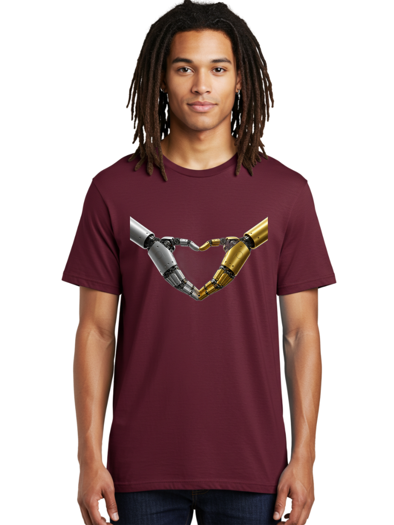 Robotic-Hands Men'S Graphic Tee, 100% Cotton, Comfortable Casual Summer Wear, Machine Washable, Robotic Arms, Mechanical Hands, Artificial Intelligence, Robotic Love, Futuristic Technology, Robotic Connection, Heart Shape Bae080
