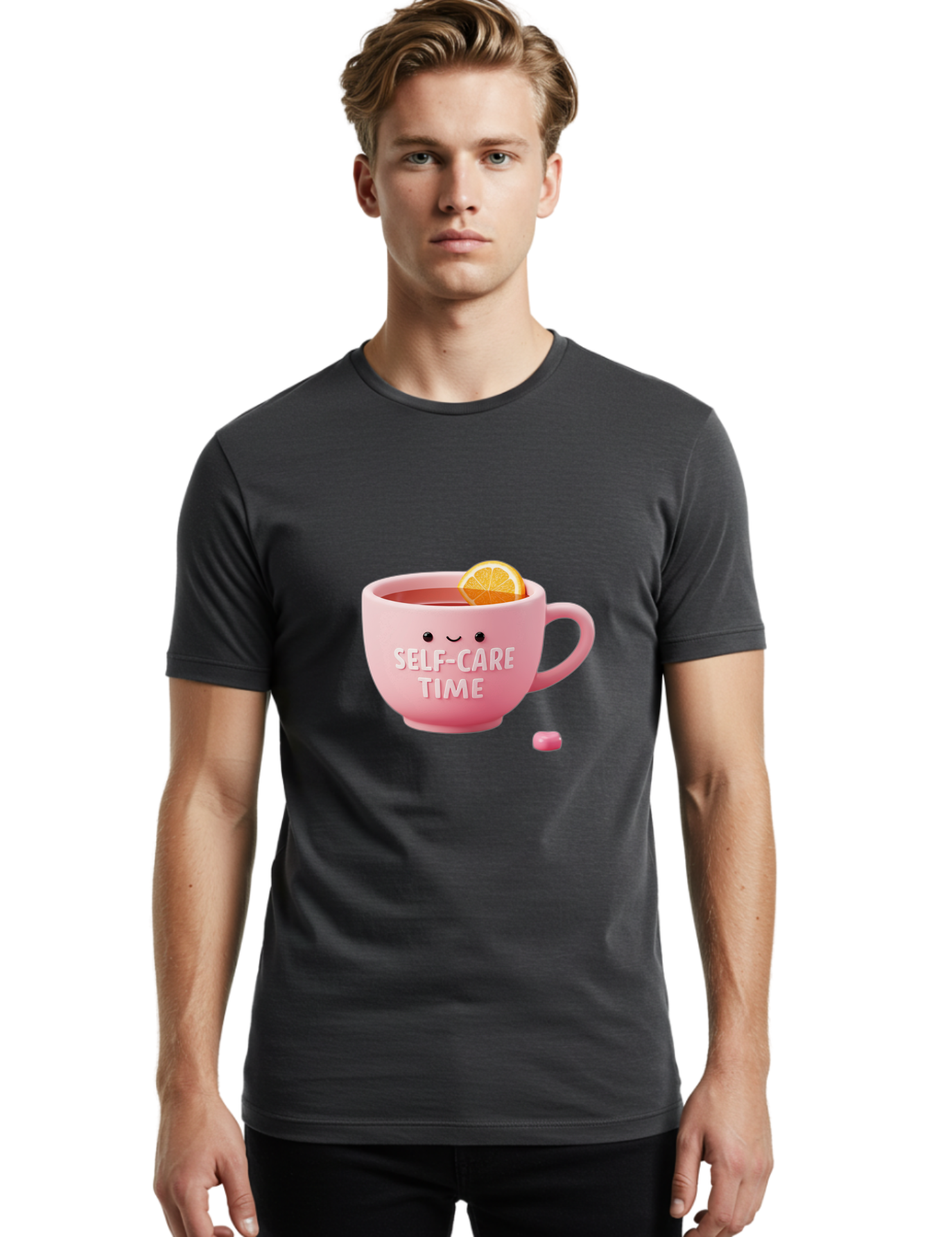Self-Care-Time-1 Men'S Graphic Tee, 100% Cotton, Comfortable Casual Summer Wear, Machine Washable, Relaxing Tea, Self Care, Wellness, Mindfulness, Pink Tea Cup, Lemon Slice, Cozy Atmosphere, Calming Ambiance, Soothing Drink Bae082