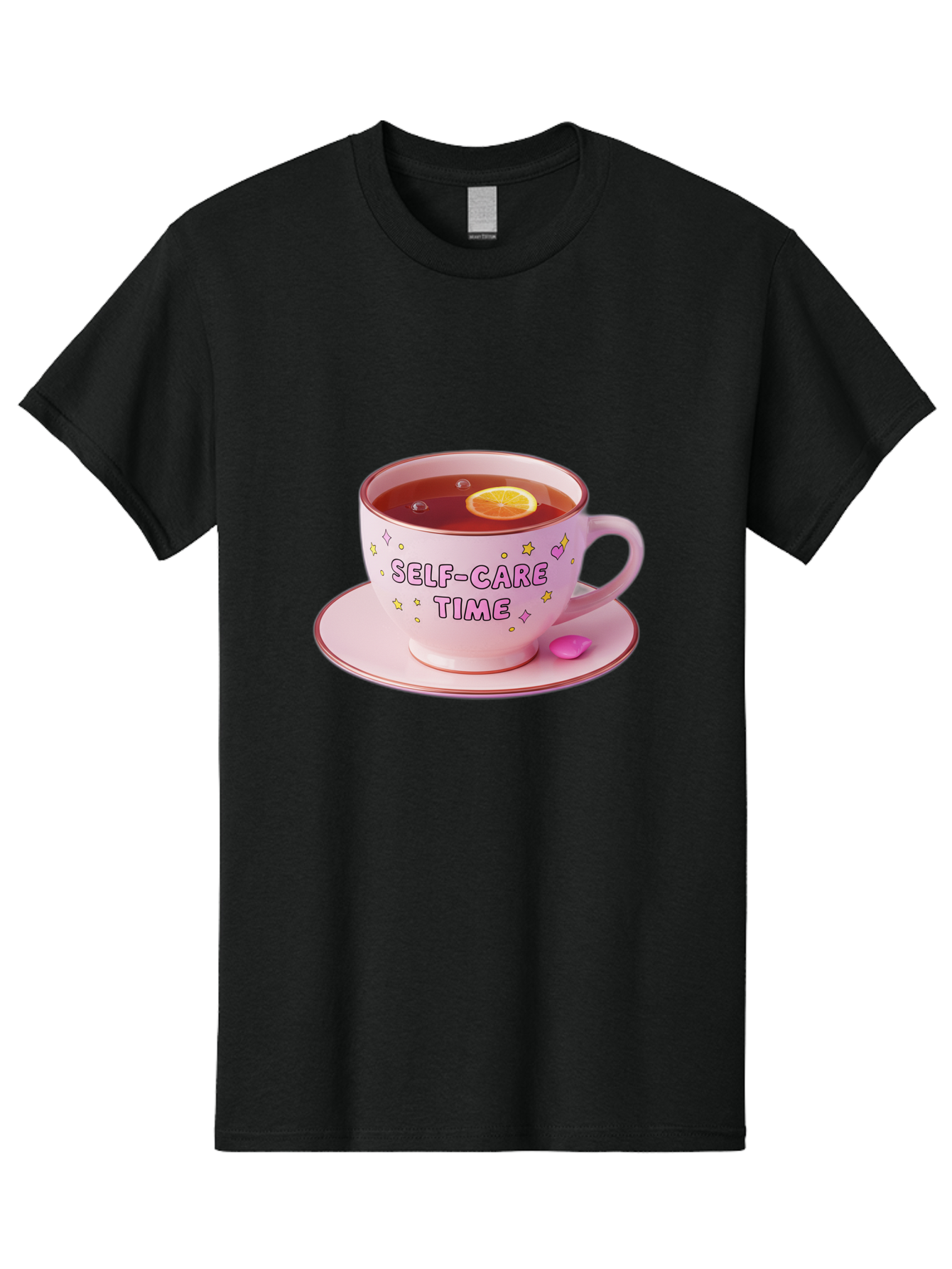 Self-Care-Time-2 Men'S Graphic Tee, 100% Cotton, Comfortable Casual Summer Wear, Machine Washable, Self-Care, Tea Time, Wellness, Relaxation, Pink Tea Cup, Lemon Slice, Colorful Stars, Stress Relief, Calming Tea, Mindfulness, Pink Candy Bae083