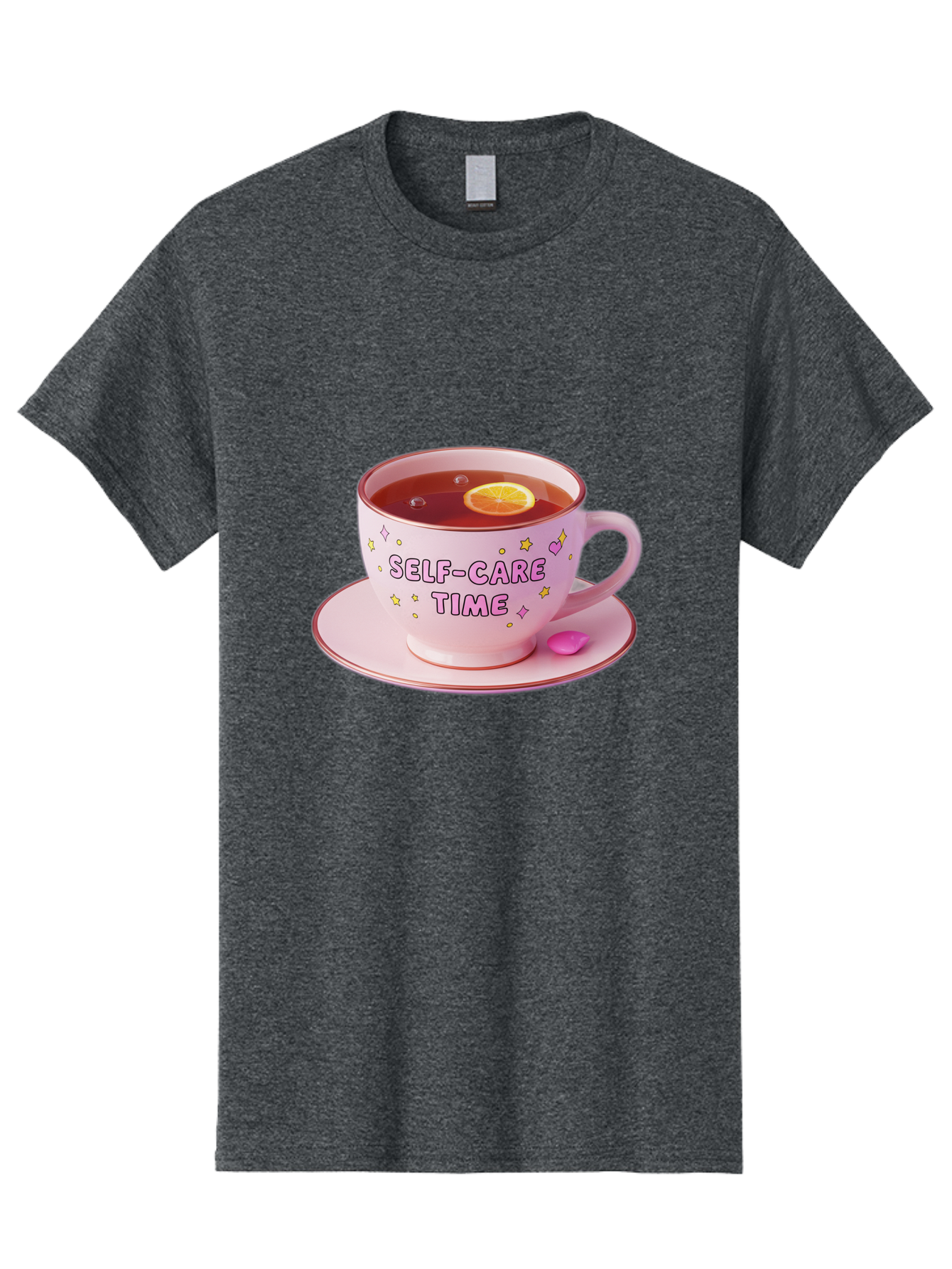 Self-Care-Time-2 Men'S Graphic Tee, 100% Cotton, Comfortable Casual Summer Wear, Machine Washable, Self-Care, Tea Time, Wellness, Relaxation, Pink Tea Cup, Lemon Slice, Colorful Stars, Stress Relief, Calming Tea, Mindfulness, Pink Candy Bae083