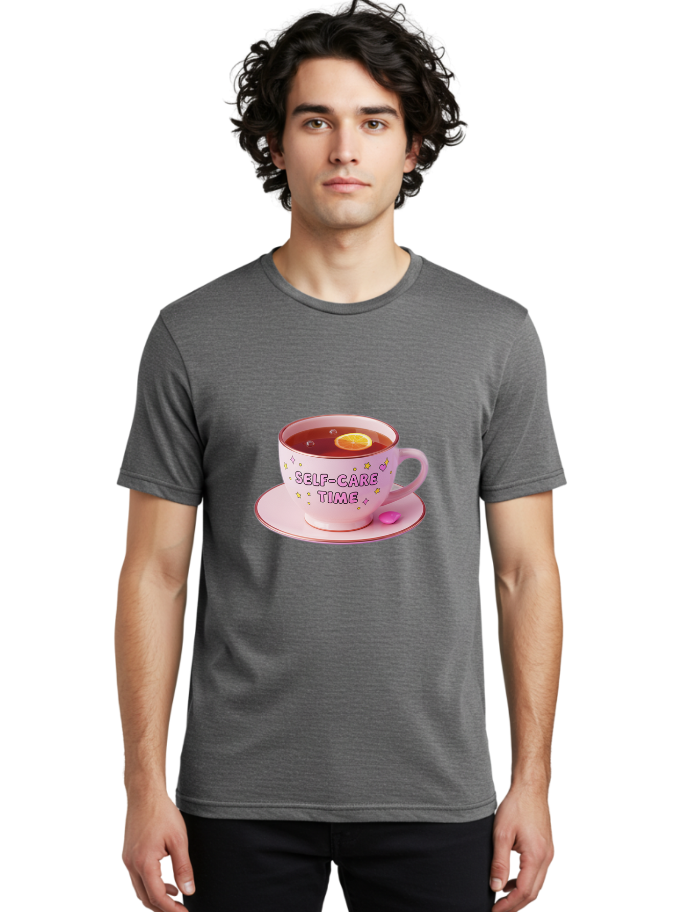 Self-Care-Time-2 Men'S Graphic Tee, 100% Cotton, Comfortable Casual Summer Wear, Machine Washable, Self-Care, Tea Time, Wellness, Relaxation, Pink Tea Cup, Lemon Slice, Colorful Stars, Stress Relief, Calming Tea, Mindfulness, Pink Candy Bae083