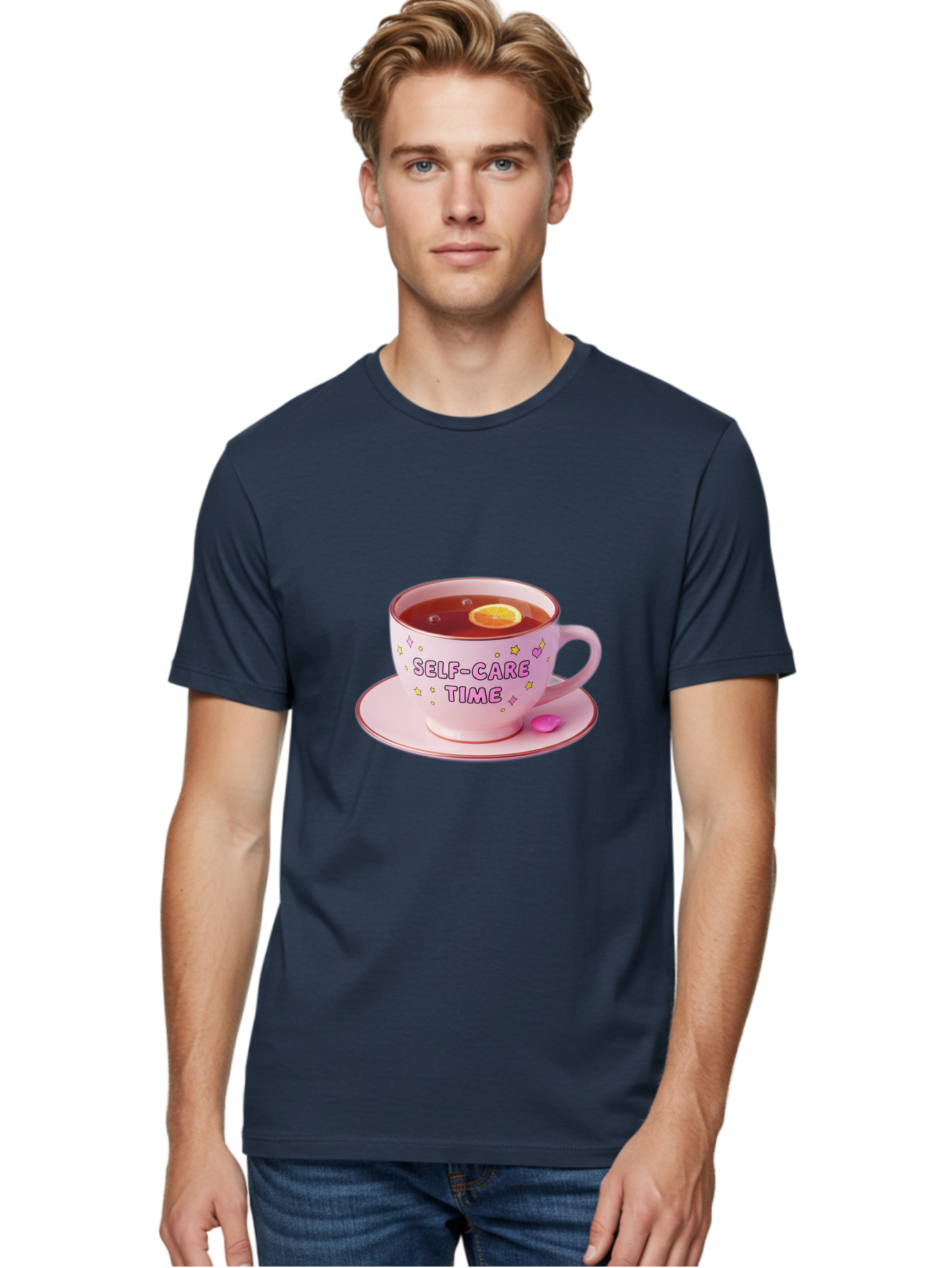 Self-Care-Time-2 Men'S Graphic Tee, 100% Cotton, Comfortable Casual Summer Wear, Machine Washable, Self-Care, Tea Time, Wellness, Relaxation, Pink Tea Cup, Lemon Slice, Colorful Stars, Stress Relief, Calming Tea, Mindfulness, Pink Candy Bae083
