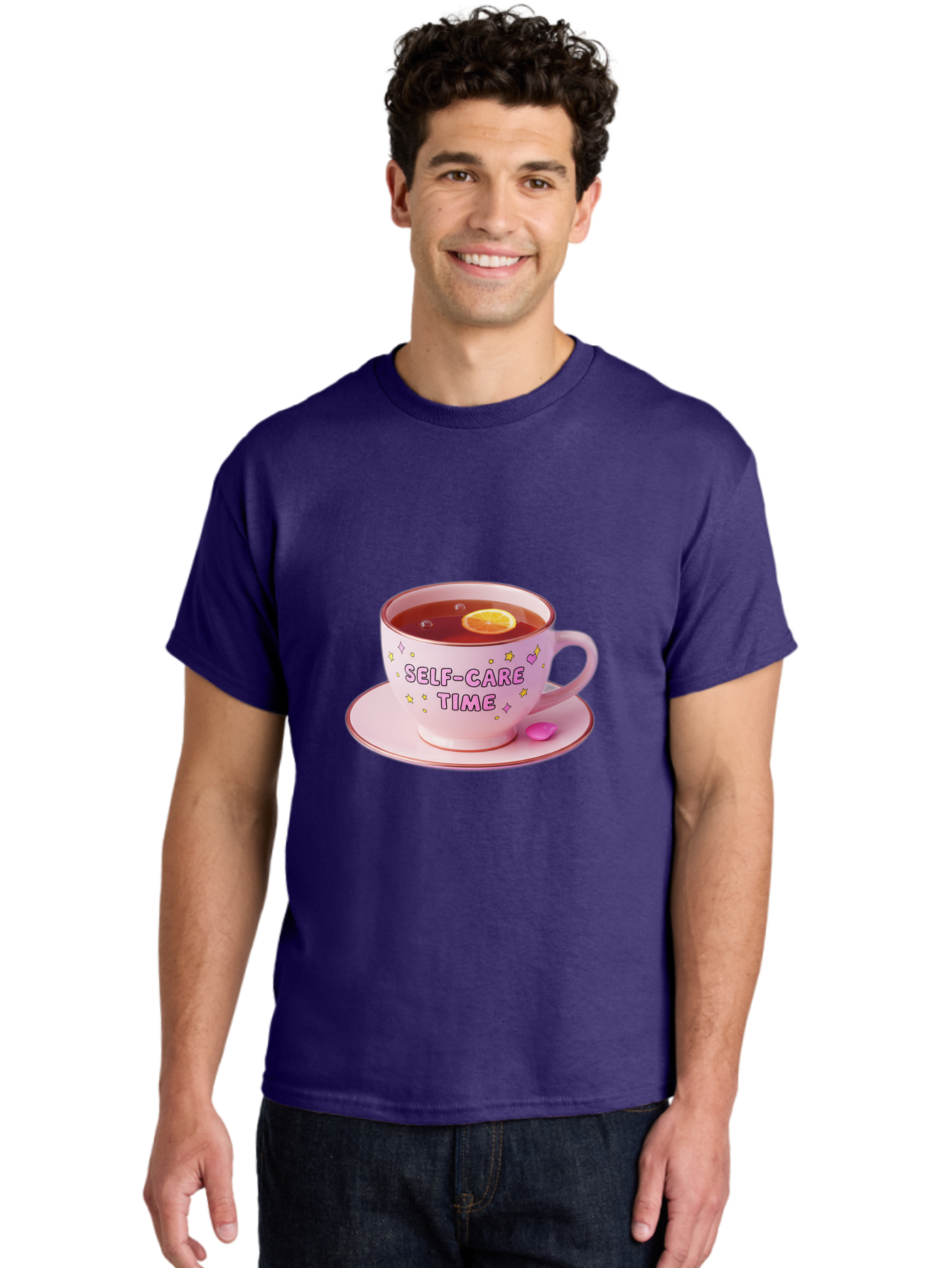 Self-Care-Time-2 Men'S Graphic Tee, 100% Cotton, Comfortable Casual Summer Wear, Machine Washable, Self-Care, Tea Time, Wellness, Relaxation, Pink Tea Cup, Lemon Slice, Colorful Stars, Stress Relief, Calming Tea, Mindfulness, Pink Candy Bae083