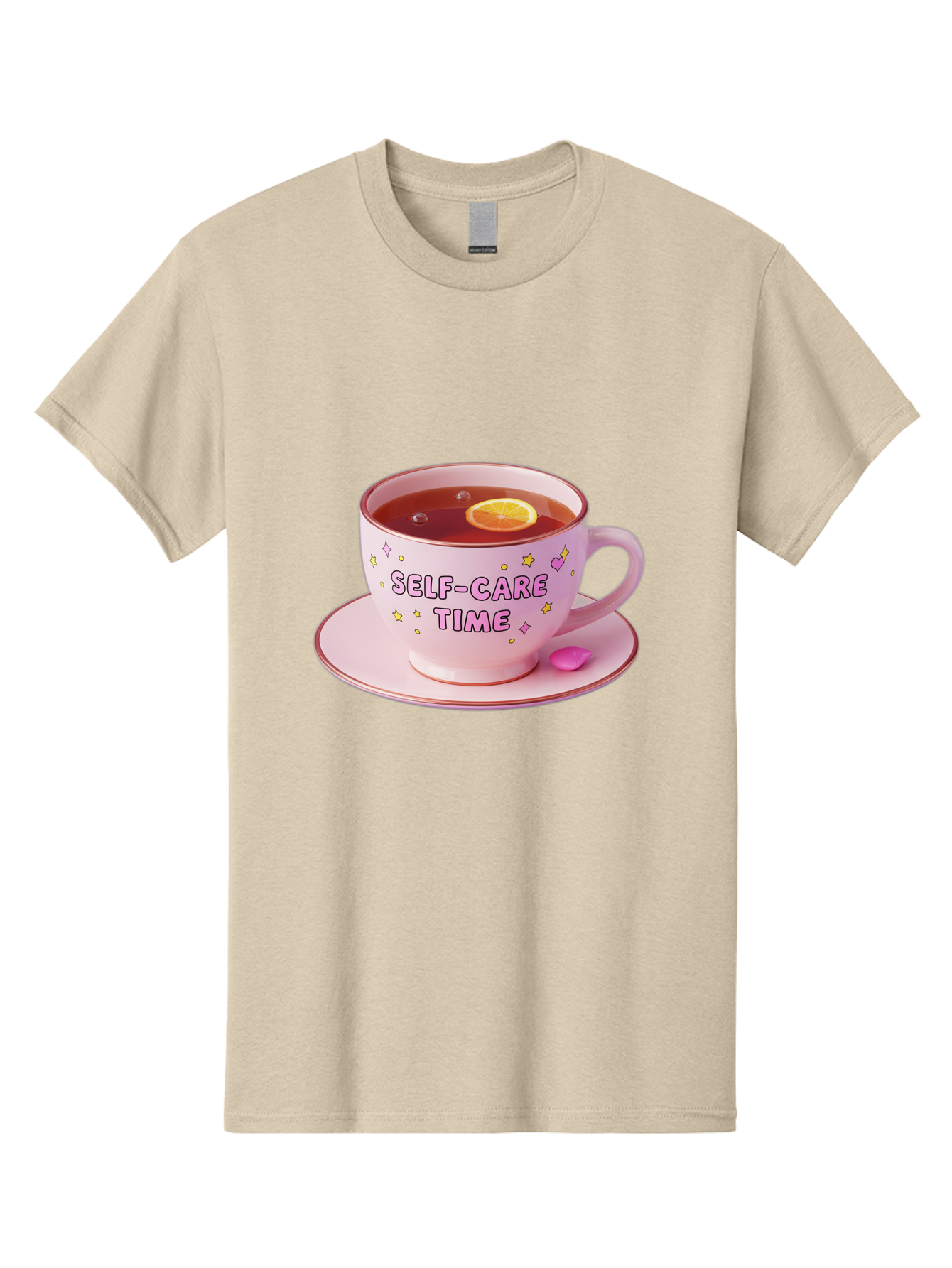 Self-Care-Time-2 Men'S Graphic Tee, 100% Cotton, Comfortable Casual Summer Wear, Machine Washable, Self-Care, Tea Time, Wellness, Relaxation, Pink Tea Cup, Lemon Slice, Colorful Stars, Stress Relief, Calming Tea, Mindfulness, Pink Candy Bae083