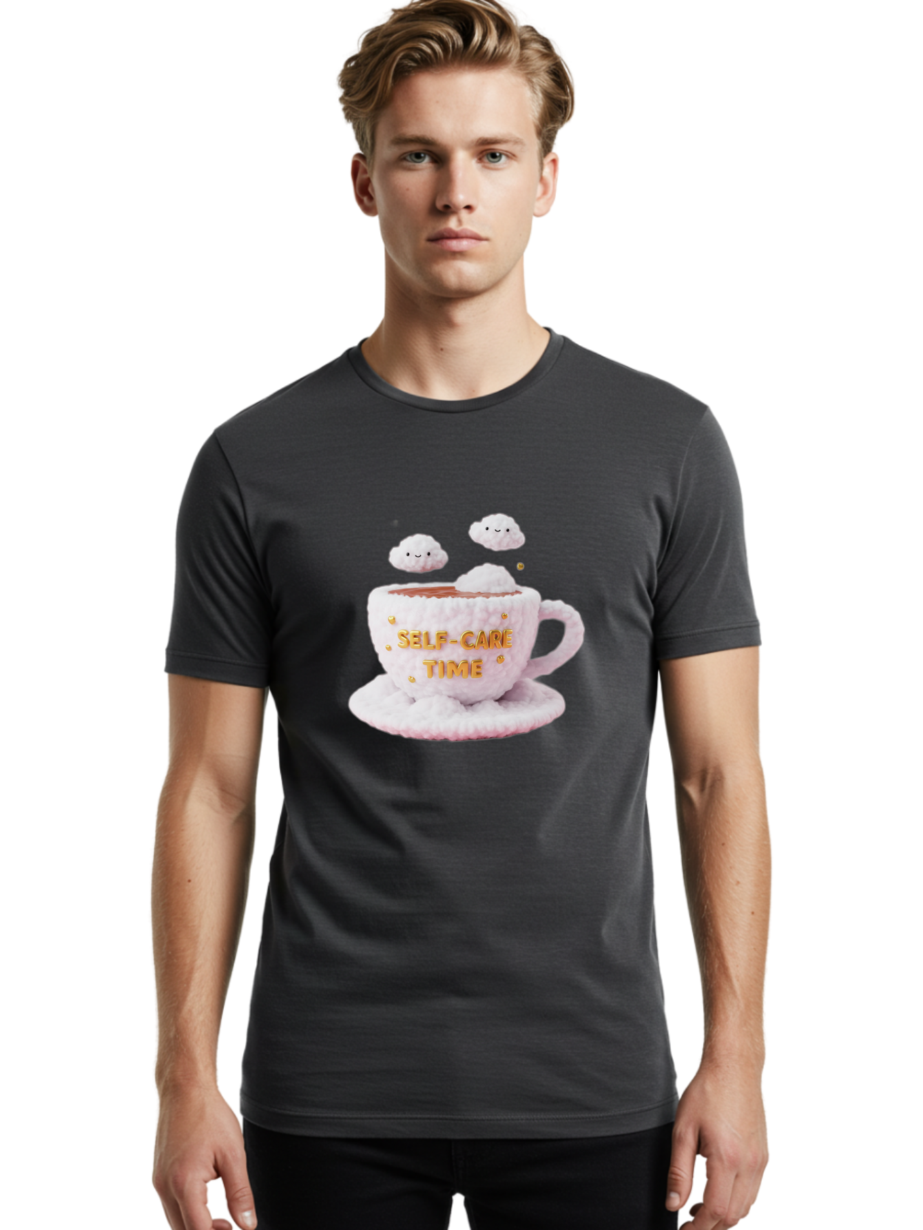 Self-Care-Time-4 Men'S Graphic Tee, 100% Cotton, Comfortable Casual Summer Wear, Machine Washable, Self-Care Time, Hot Coffee, Coffee Cup, Fluffy Clouds, Happy Face, Relaxation, Mindfulness, Calm Atmosphere, Soothing Ambiance, Mental Wellness Bae085