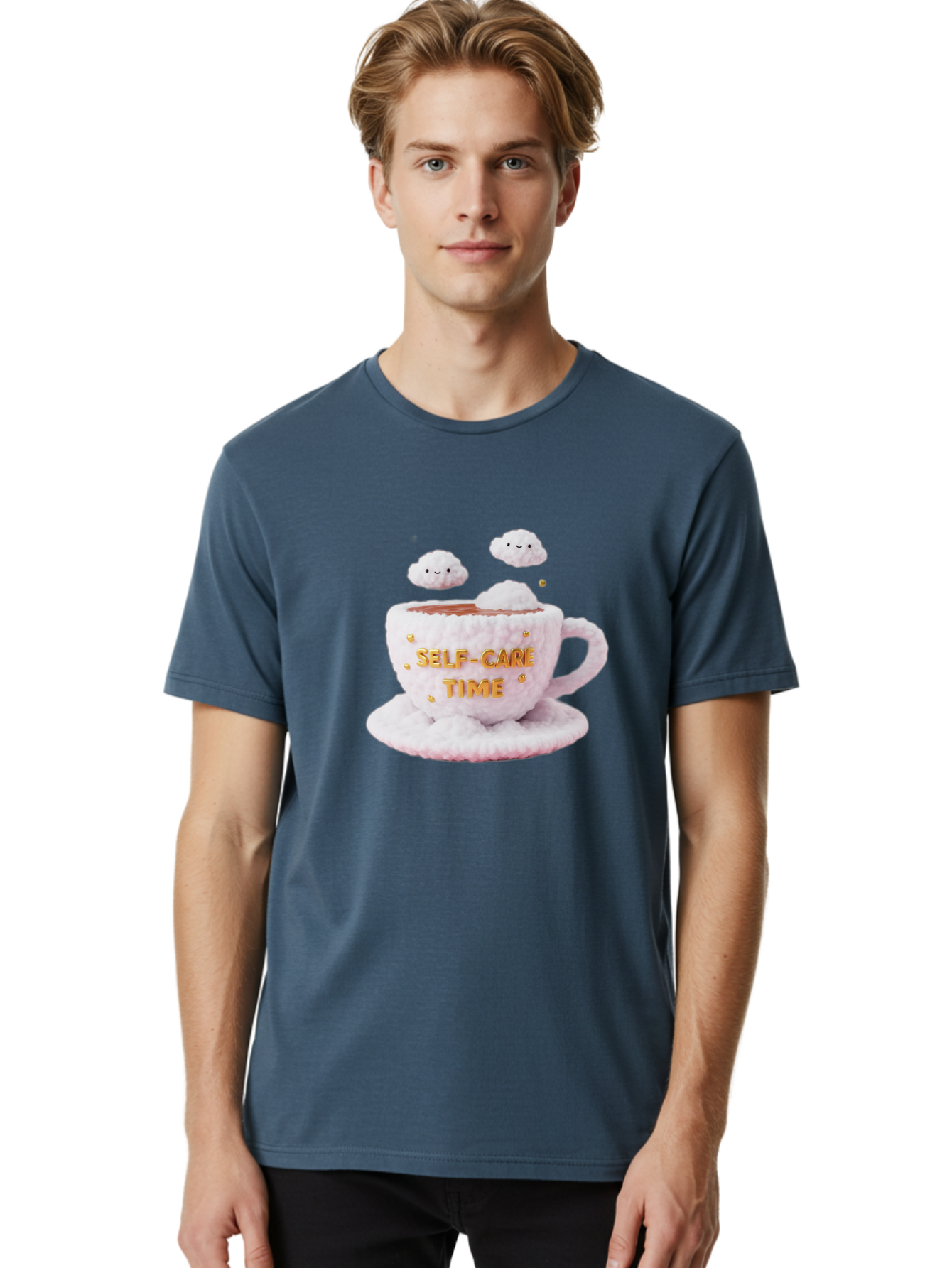 Self-Care-Time-4 Men'S Graphic Tee, 100% Cotton, Comfortable Casual Summer Wear, Machine Washable, Self-Care Time, Hot Coffee, Coffee Cup, Fluffy Clouds, Happy Face, Relaxation, Mindfulness, Calm Atmosphere, Soothing Ambiance, Mental Wellness Bae085