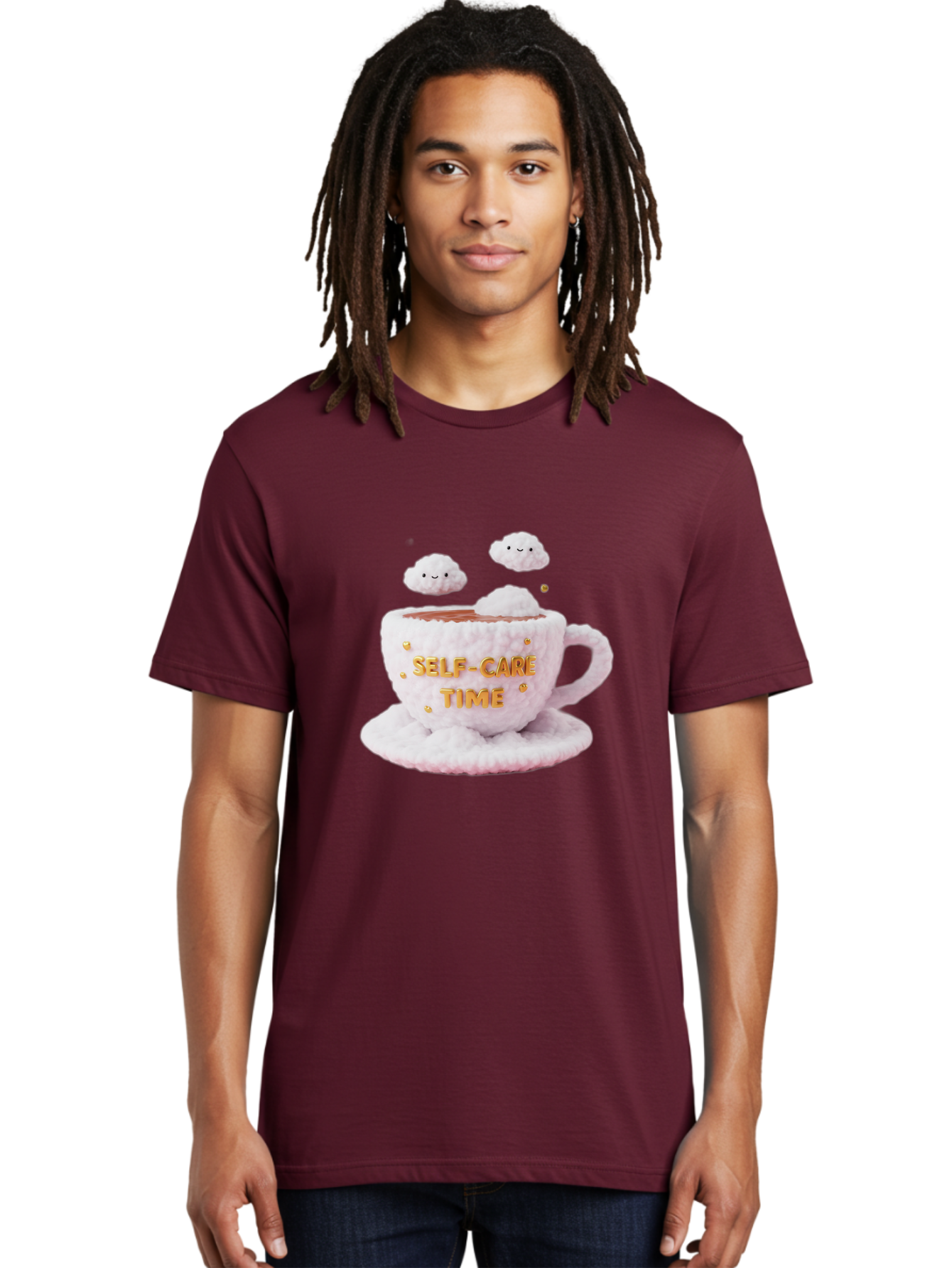 Self-Care-Time-4 Men'S Graphic Tee, 100% Cotton, Comfortable Casual Summer Wear, Machine Washable, Self-Care Time, Hot Coffee, Coffee Cup, Fluffy Clouds, Happy Face, Relaxation, Mindfulness, Calm Atmosphere, Soothing Ambiance, Mental Wellness Bae085