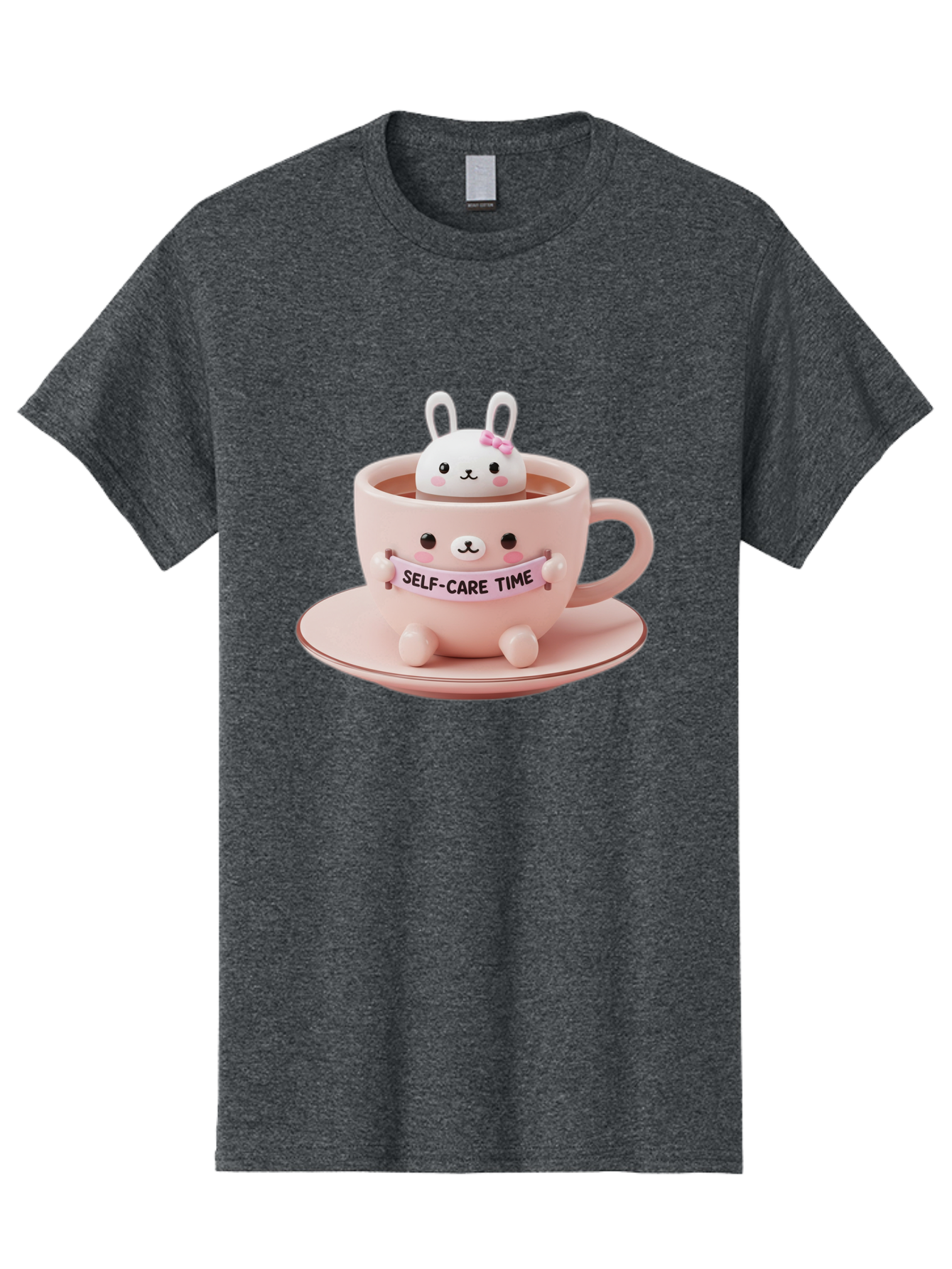 Self-Care-Time Men'S Graphic Tee, 100% Cotton, Comfortable Casual Summer Wear, Machine Washable, Cute Rabbit Figurine, Adorable Design, Self Care, Relaxation, Pastel Colors, Tea Cup, Soothing Atmosphere, Calming Decor, Pink Hues, Bae087