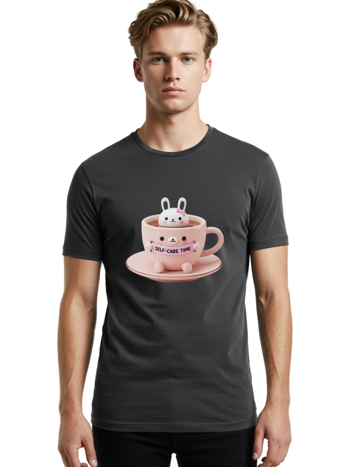 Self-Care-Time Men'S Graphic Tee, 100% Cotton, Comfortable Casual Summer Wear, Machine Washable, Cute Rabbit Figurine, Adorable Design, Self Care, Relaxation, Pastel Colors, Tea Cup, Soothing Atmosphere, Calming Decor, Pink Hues, Bae087