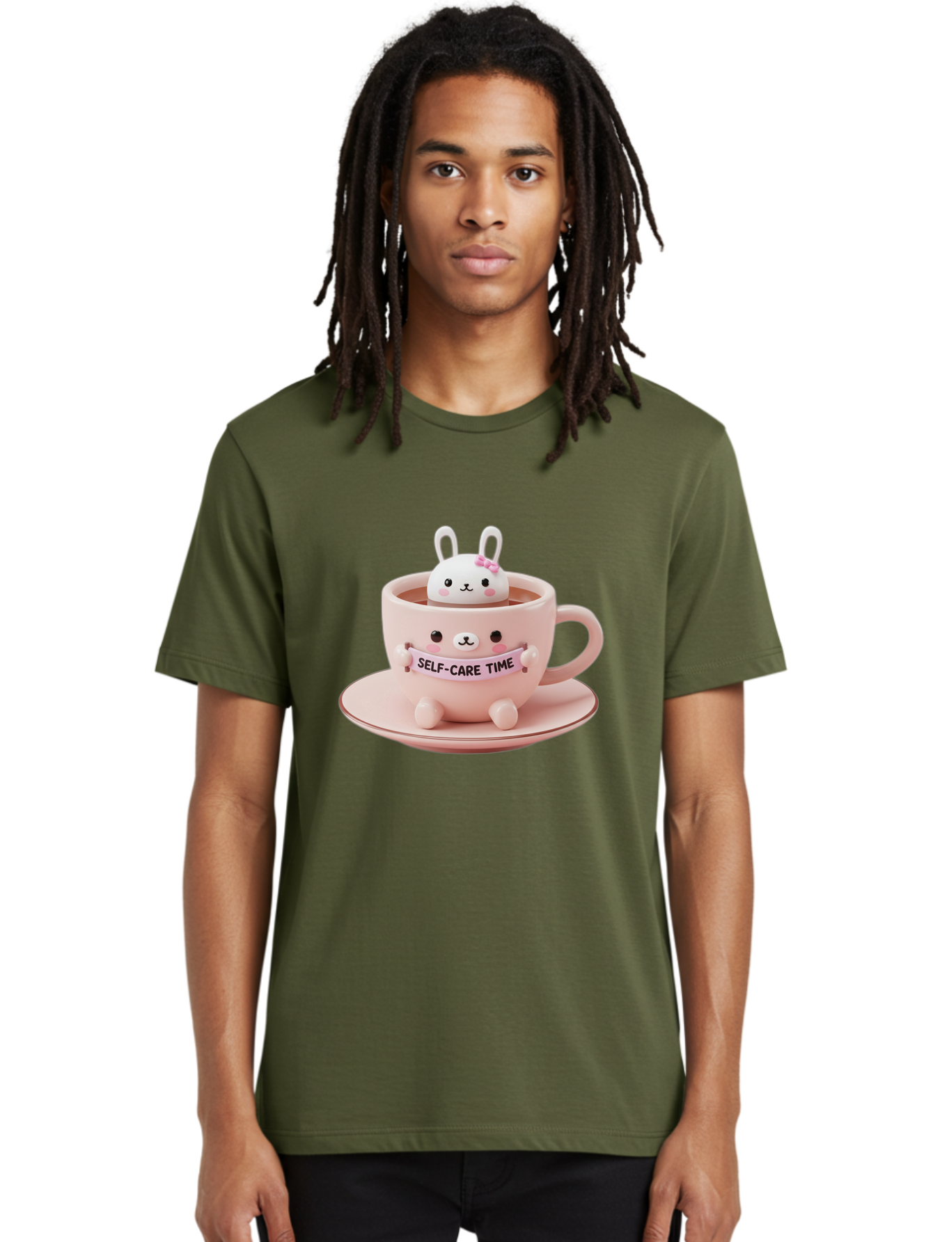 Self-Care-Time Men'S Graphic Tee, 100% Cotton, Comfortable Casual Summer Wear, Machine Washable, Cute Rabbit Figurine, Adorable Design, Self Care, Relaxation, Pastel Colors, Tea Cup, Soothing Atmosphere, Calming Decor, Pink Hues, Bae087